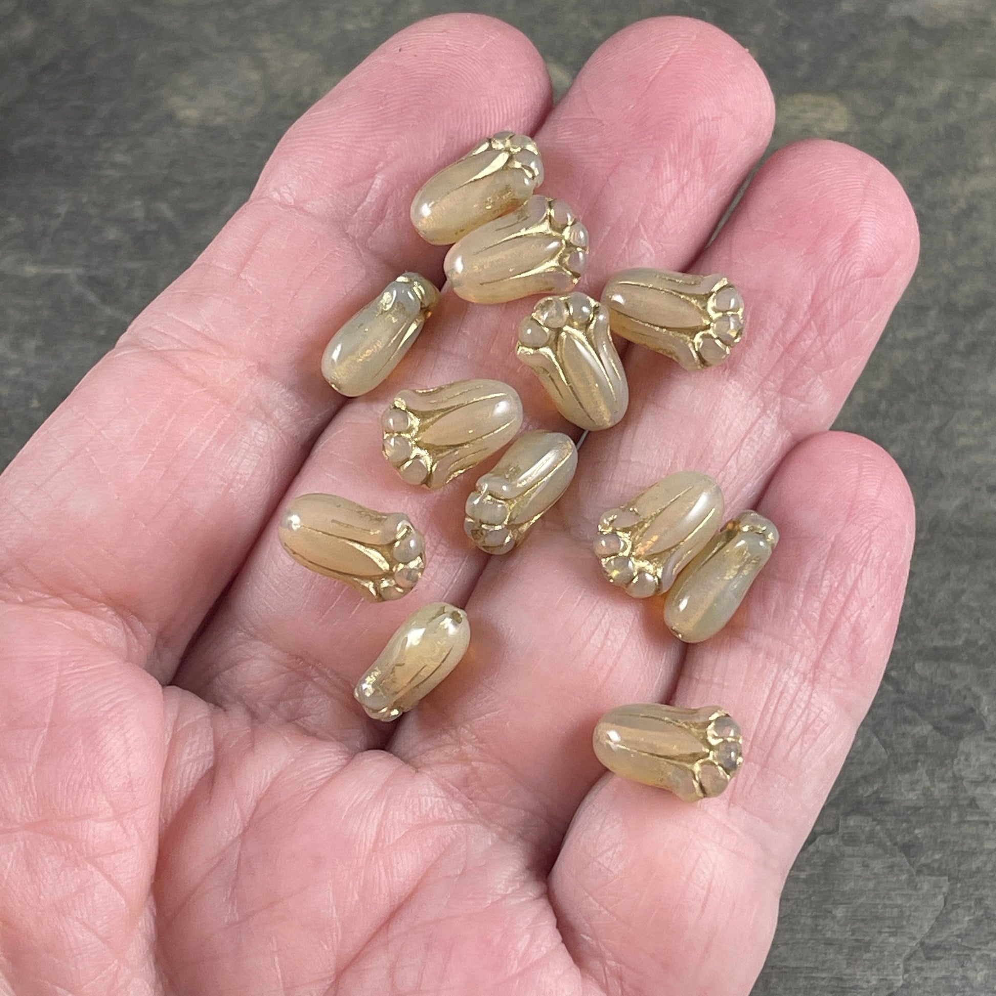 Czech Glass Beads - 12x8mm Lily Bud, Beige Opal Flower with Gold Wash (LBud44) * Qty. 12