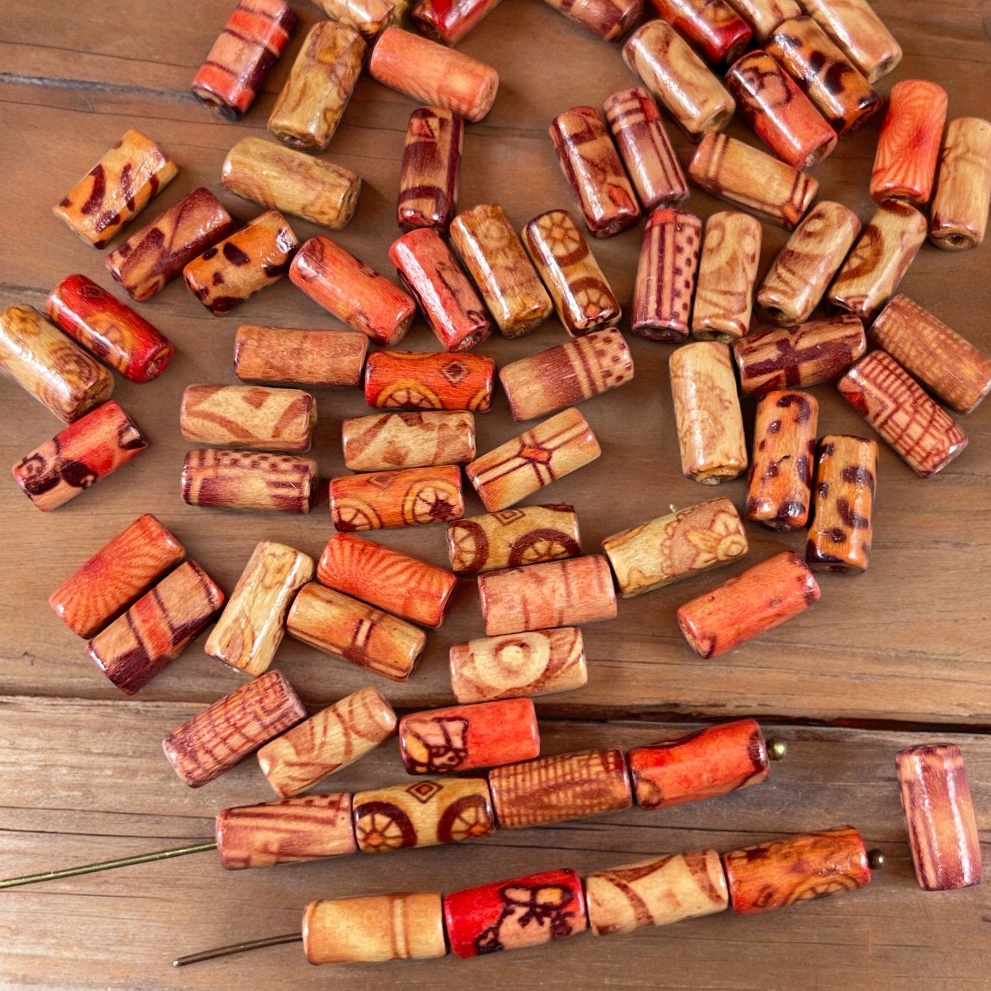 12x5mm Wooden Tube Beads, Lightweight Wooden Beads Mixed Patterns and Colors, Assorted Wooden Tube Beads - Qty. 100