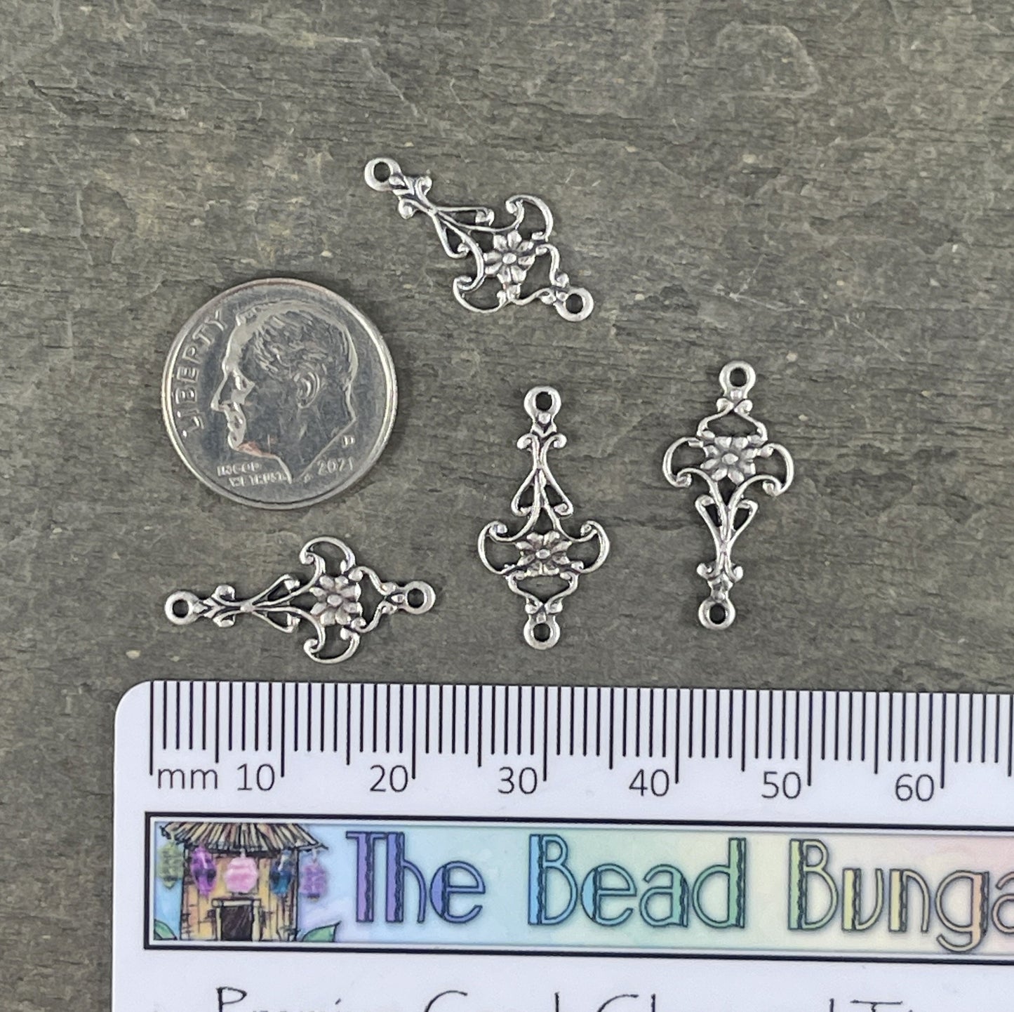 Floral Filigree Connector, Filigree Link with Floral Design, Oxidized Silver Plated Brass (VJS/M07s) * Qty. 4