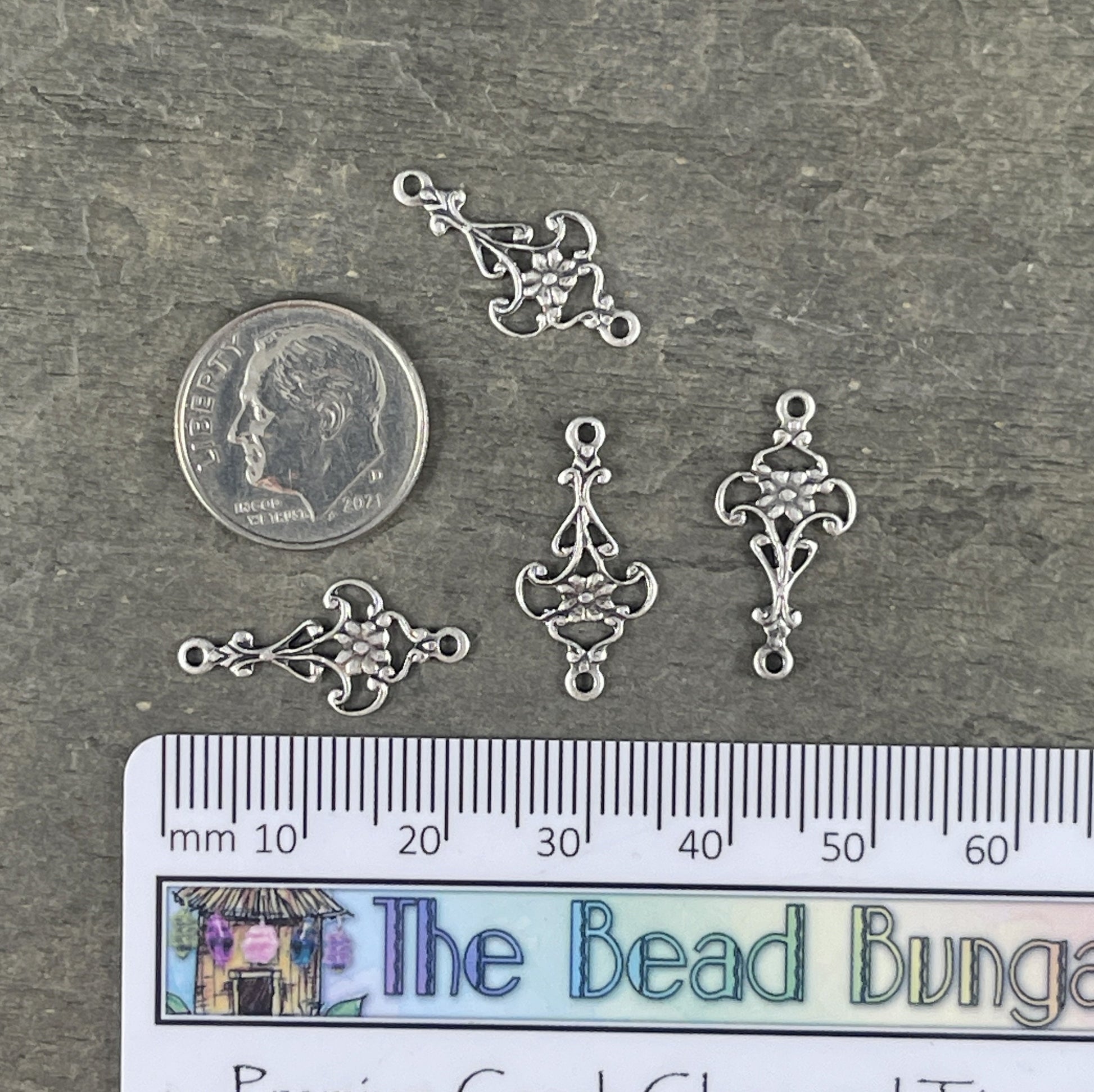 Floral Filigree Connector, Filigree Link with Floral Design, Oxidized Silver Plated Brass (VJS/M07s) * Qty. 4