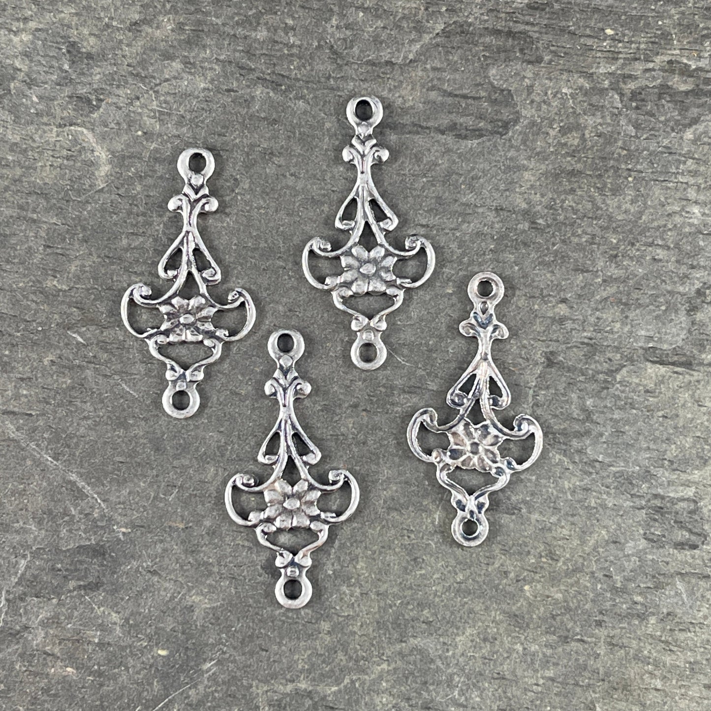 Floral Filigree Connector, Filigree Link with Floral Design, Oxidized Silver Plated Brass (VJS/M07s) * Qty. 4
