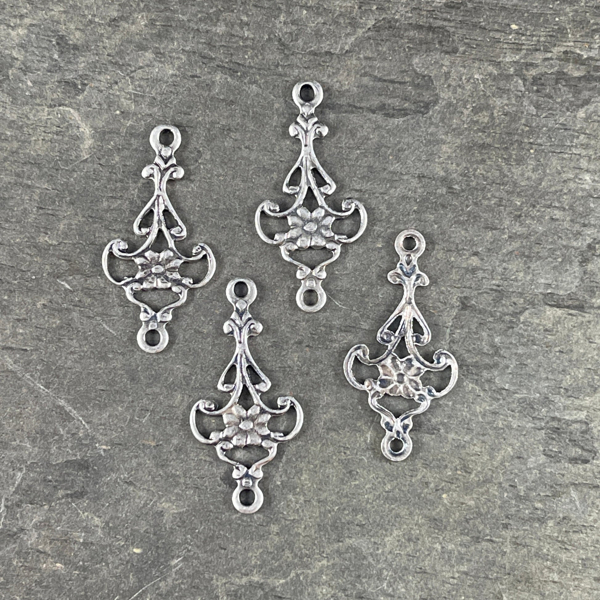 Floral Filigree Connector, Filigree Link with Floral Design, Oxidized Silver Plated Brass (VJS/M07s) * Qty. 4