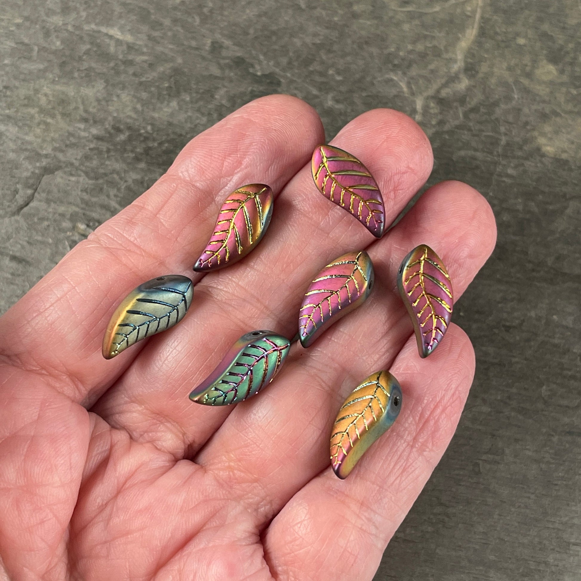 Colorful Rustic Curved Leaf Beads, Glass Beads with Metallic Iris Finish, Top Drilled Leaves * Qty. 12 beads