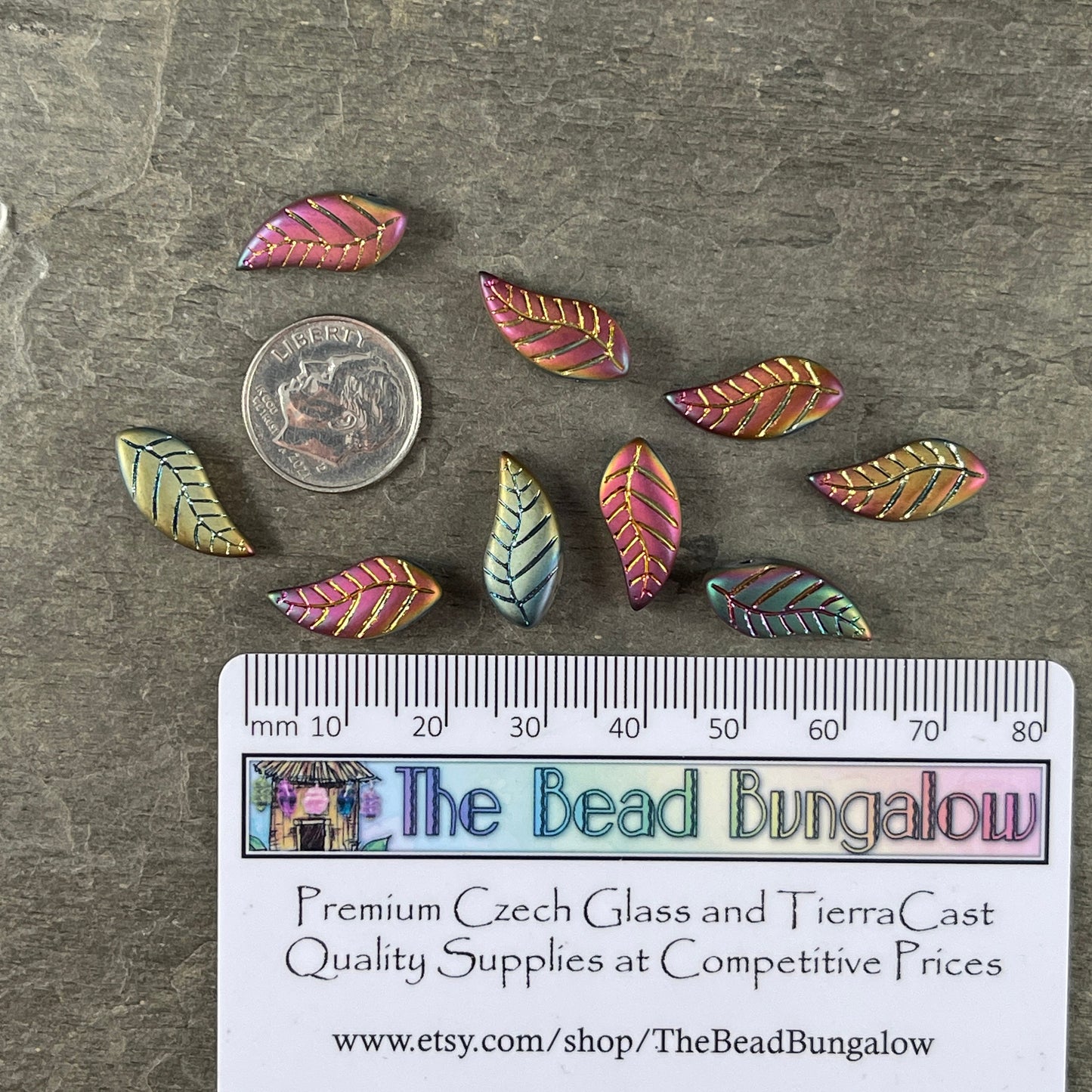 Colorful Rustic Curved Leaf Beads, Glass Beads with Metallic Iris Finish, Top Drilled Leaves * Qty. 12 beads