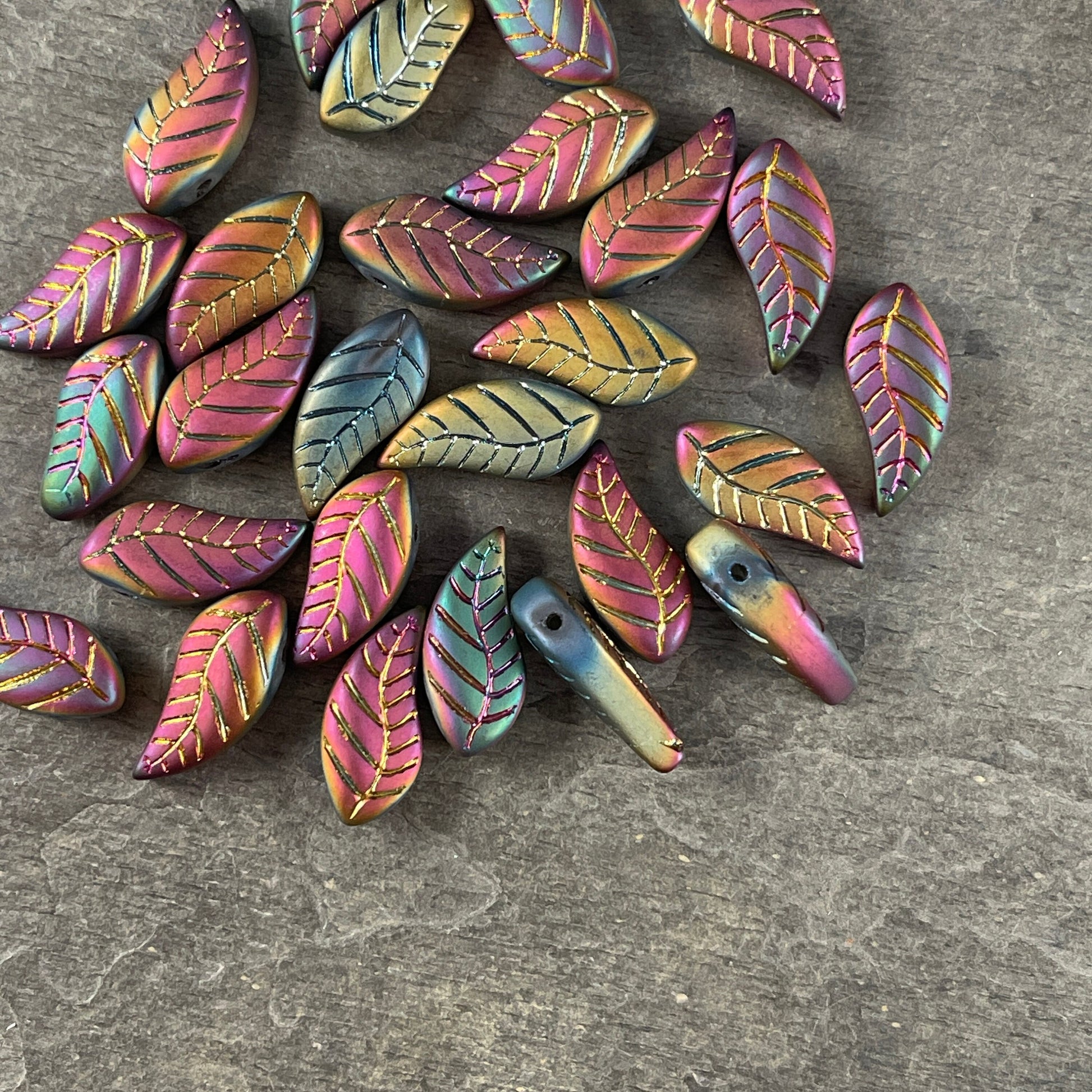 Colorful Rustic Curved Leaf Beads, Glass Beads with Metallic Iris Finish, Top Drilled Leaves * Qty. 8 beads