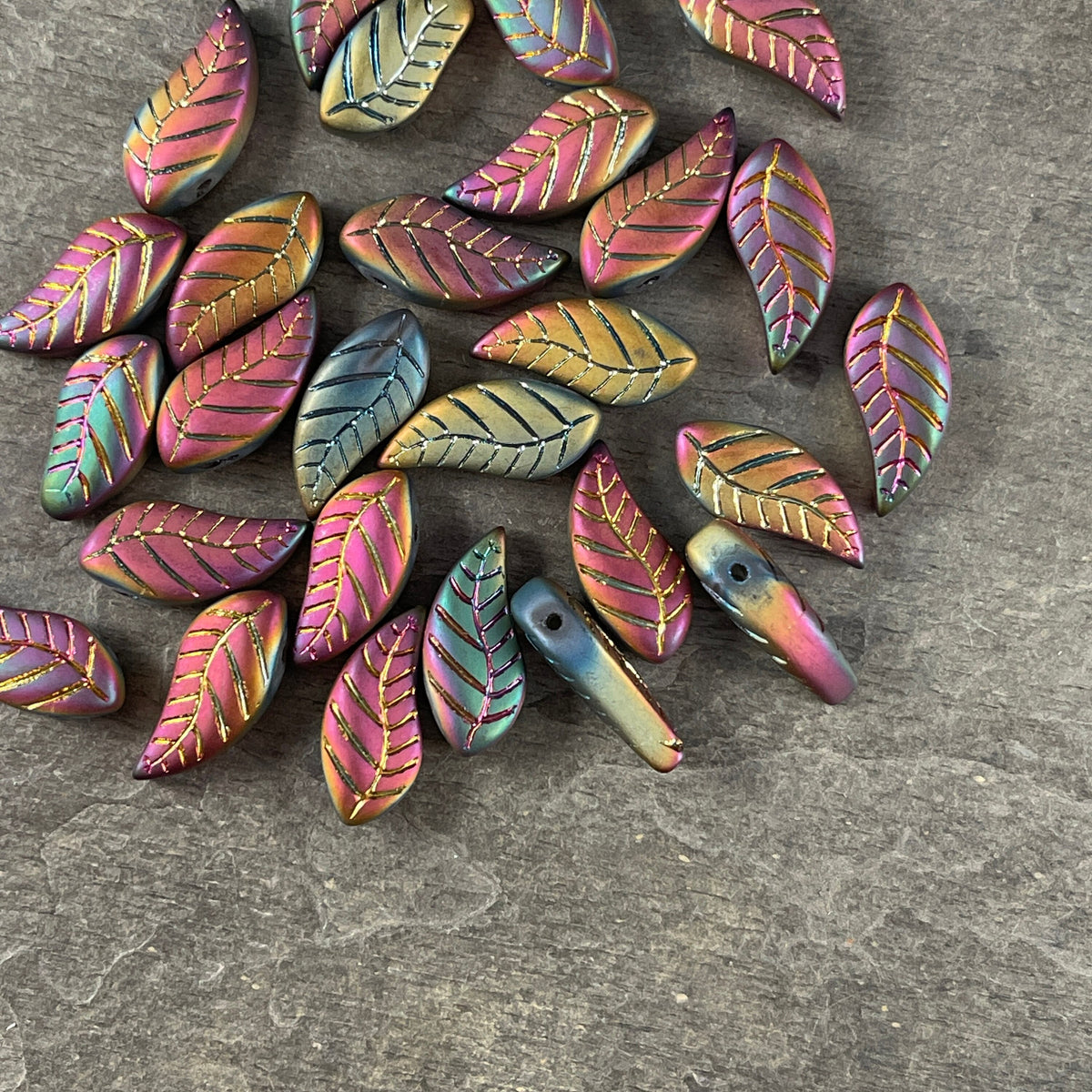 Colorful Rustic Curved Leaf Beads, Glass Beads with Metallic Iris Finish, Top Drilled Leaves * Qty. 12 beads