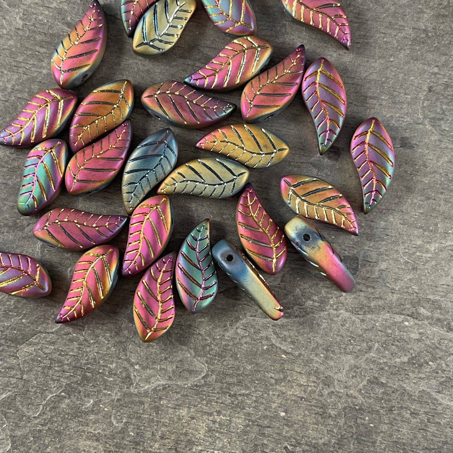 Colorful Rustic Curved Leaf Beads, Glass Beads with Metallic Iris Finish, Top Drilled Leaves * Qty. 12 beads