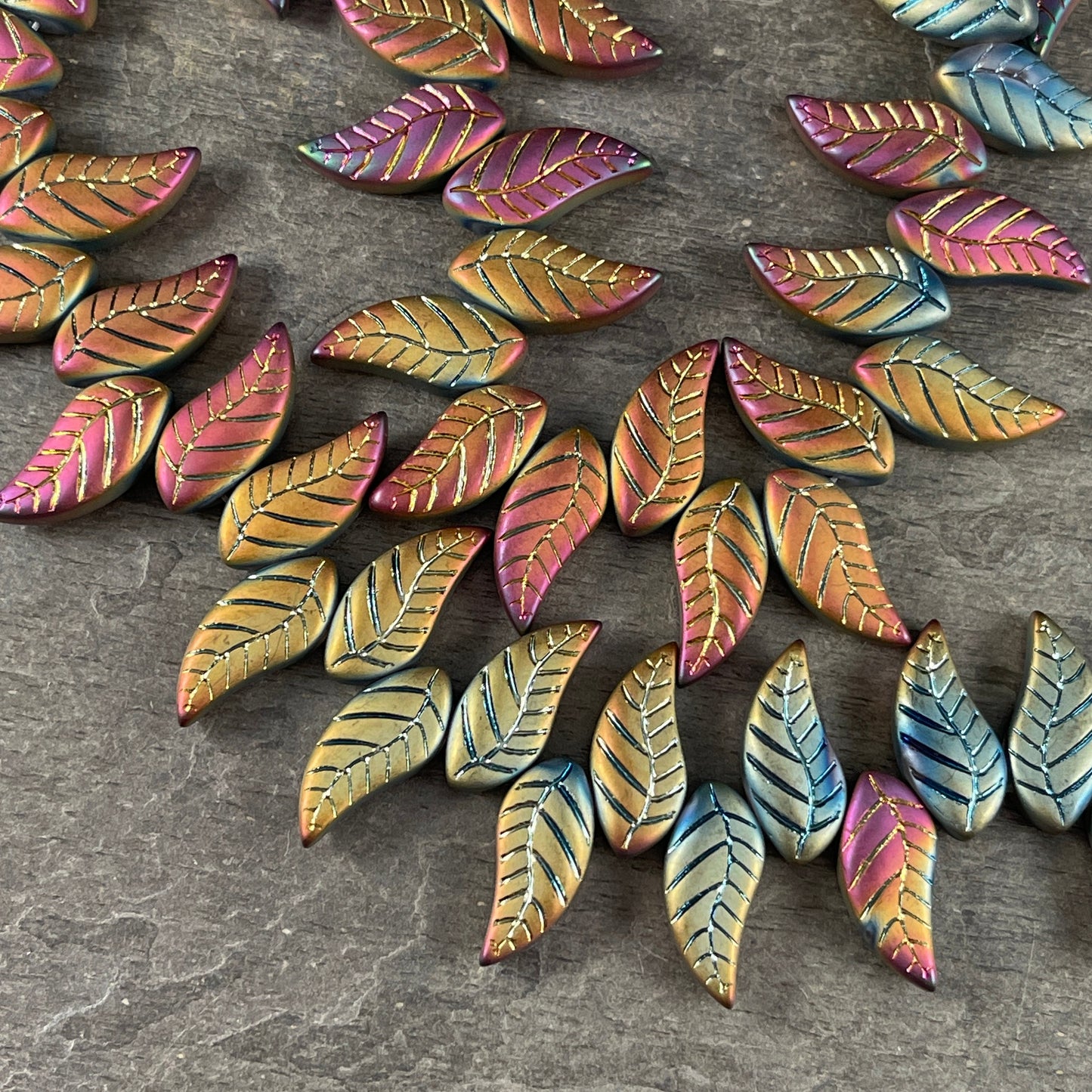 Colorful Rustic Curved Leaf Beads, Glass Beads with Metallic Iris Finish, Top Drilled Leaves * Qty. 12 beads