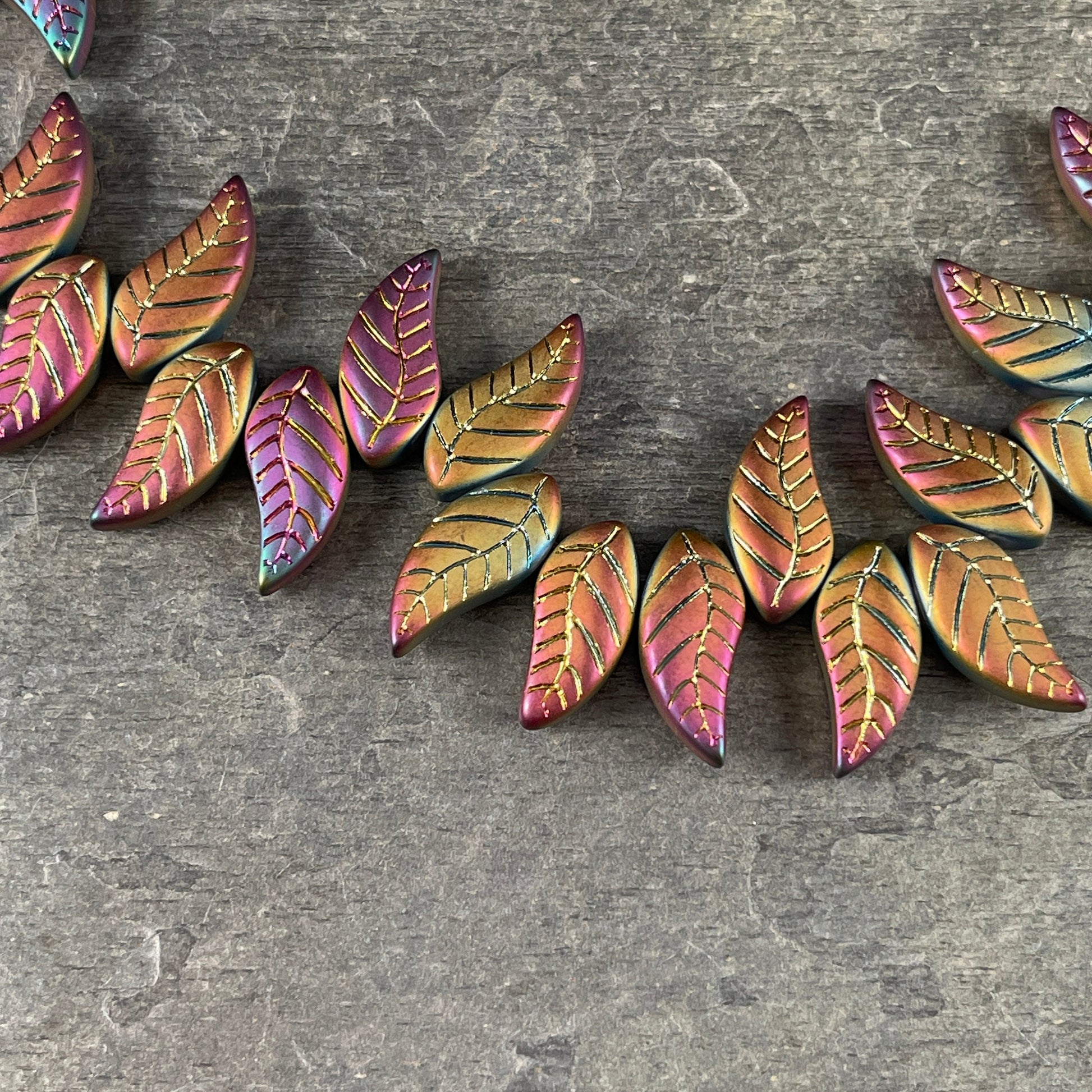 Colorful Rustic Curved Leaf Beads, Glass Beads with Metallic Iris Finish, Top Drilled Leaves * Qty. 8 beads
