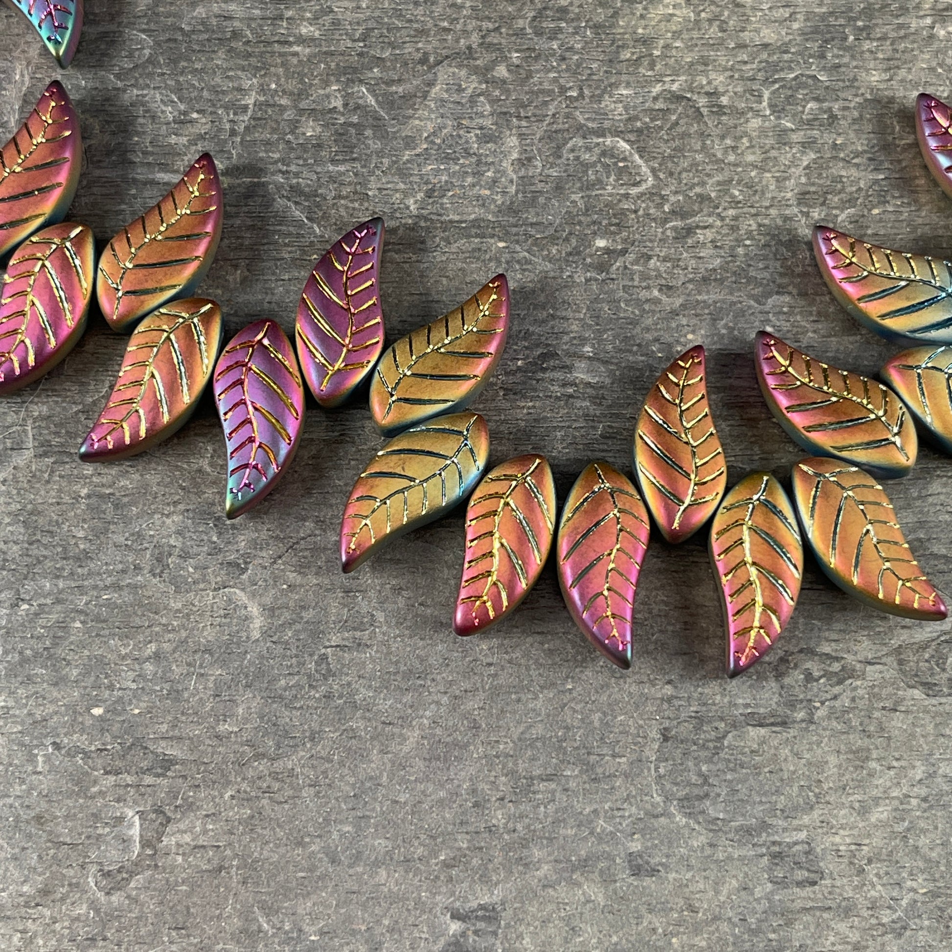 Colorful Rustic Curved Leaf Beads, Glass Beads with Metallic Iris Finish, Top Drilled Leaves * Qty. 12 beads