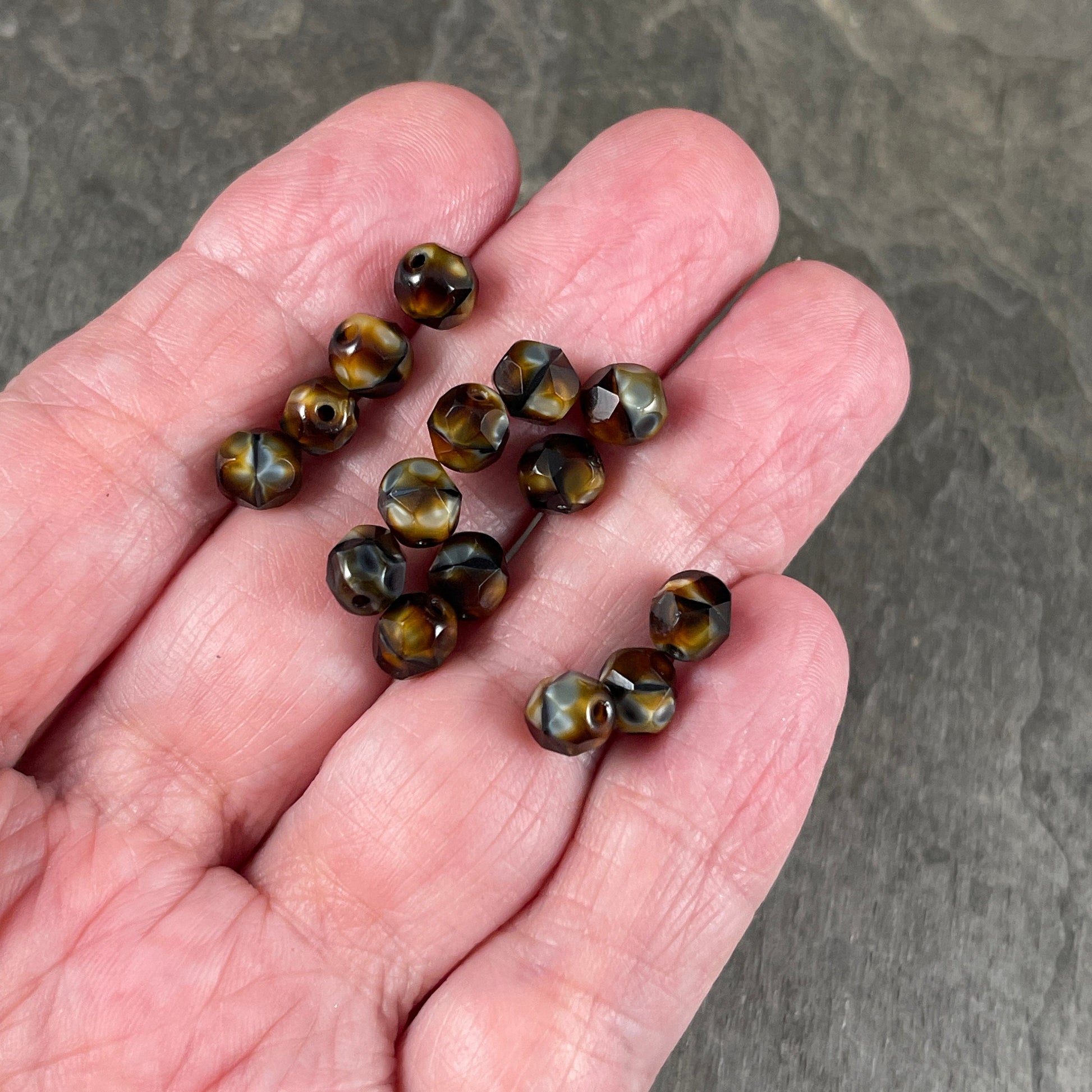 Tigers Eye Czech Glass Beads, 6mm Faceted Round Beads ~ Brown Tortoise Shell Beads (FP-26117) * Qty. 50