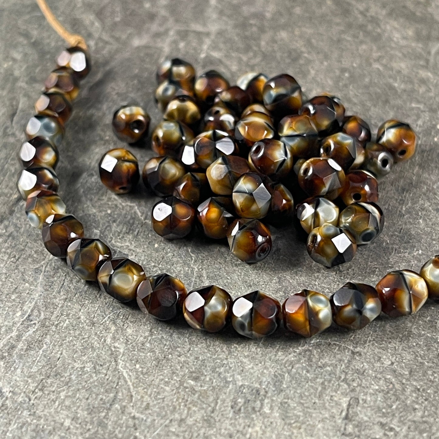 Tigers Eye Czech Glass Beads, 6mm Faceted Round Beads ~ Brown Tortoise Shell Beads (FP-26117) * Qty. 50