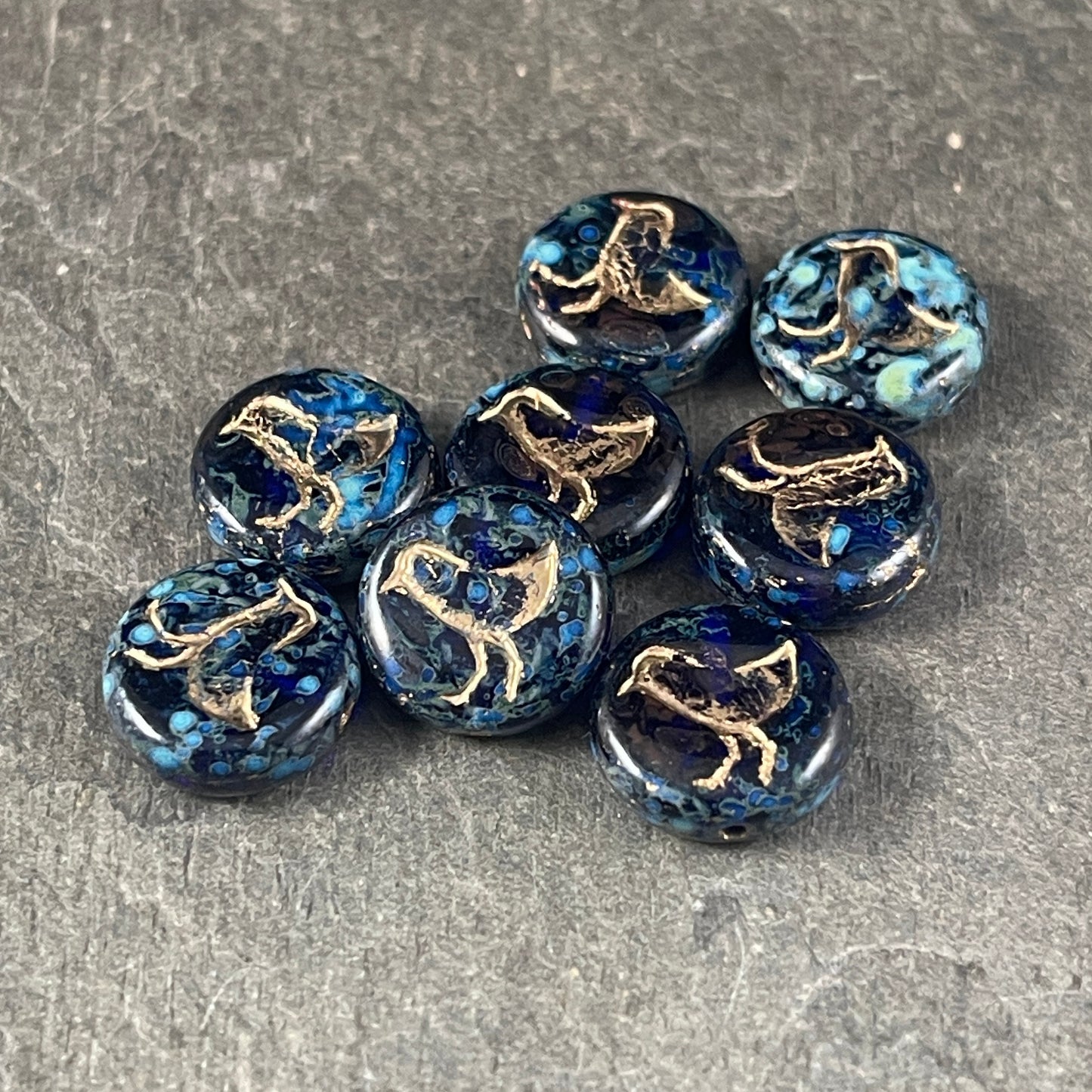 Cobalt Blue Picasso Bird Theme Beads, Nature Beads, 12mm Dark Blue Czech Glass Beads (COIN/RJ-4975) * Qty. 10