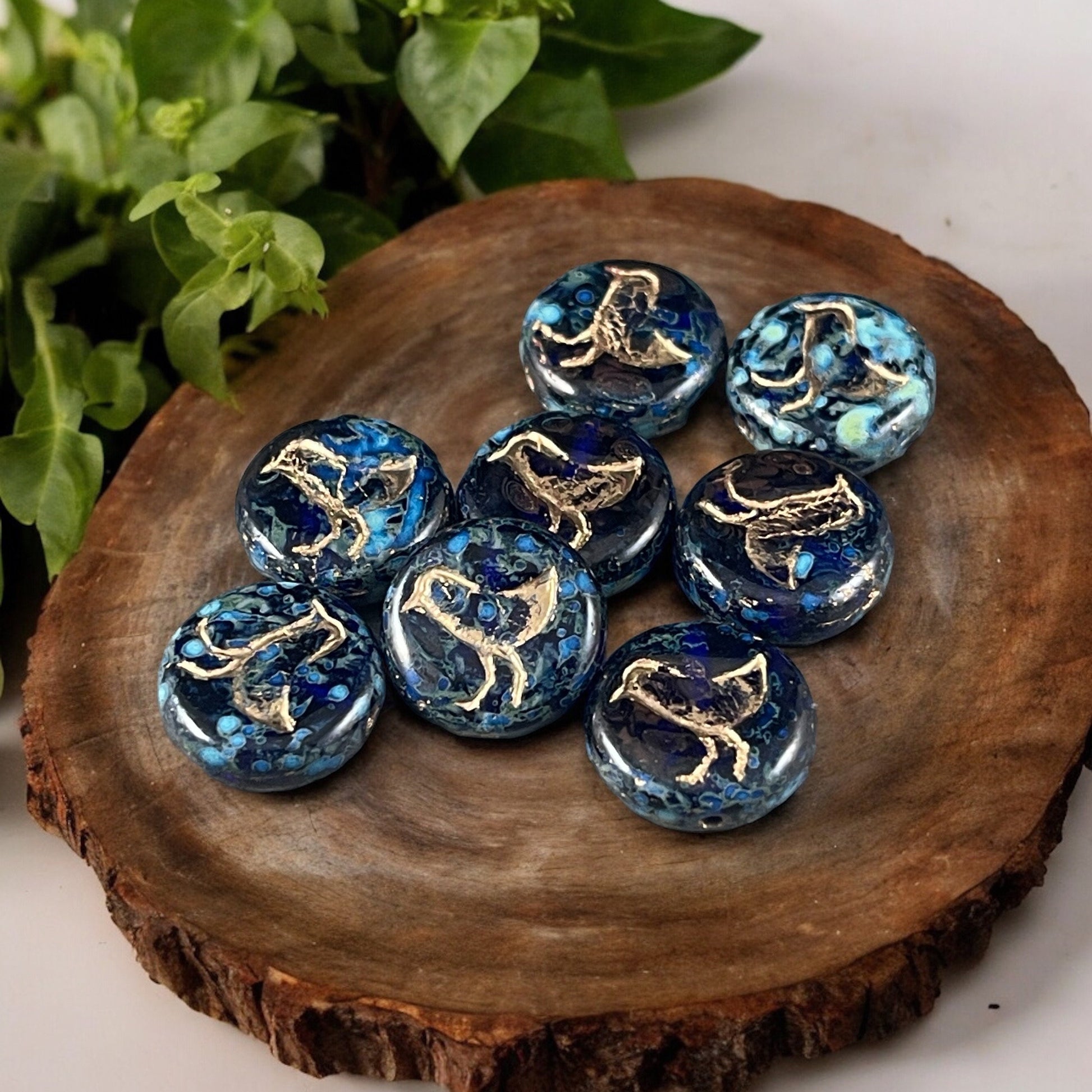 Cobalt Blue Picasso Bird Theme Beads, Nature Beads, 12mm Dark Blue Czech Glass Beads (COIN/RJ-4975) * Qty. 10