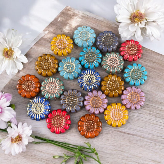 Large Flower Assortment - Bead Soup, Czech Glass Beads - 13mm Sunflower Czech Glass Beads (SF-20) * Qty. 20