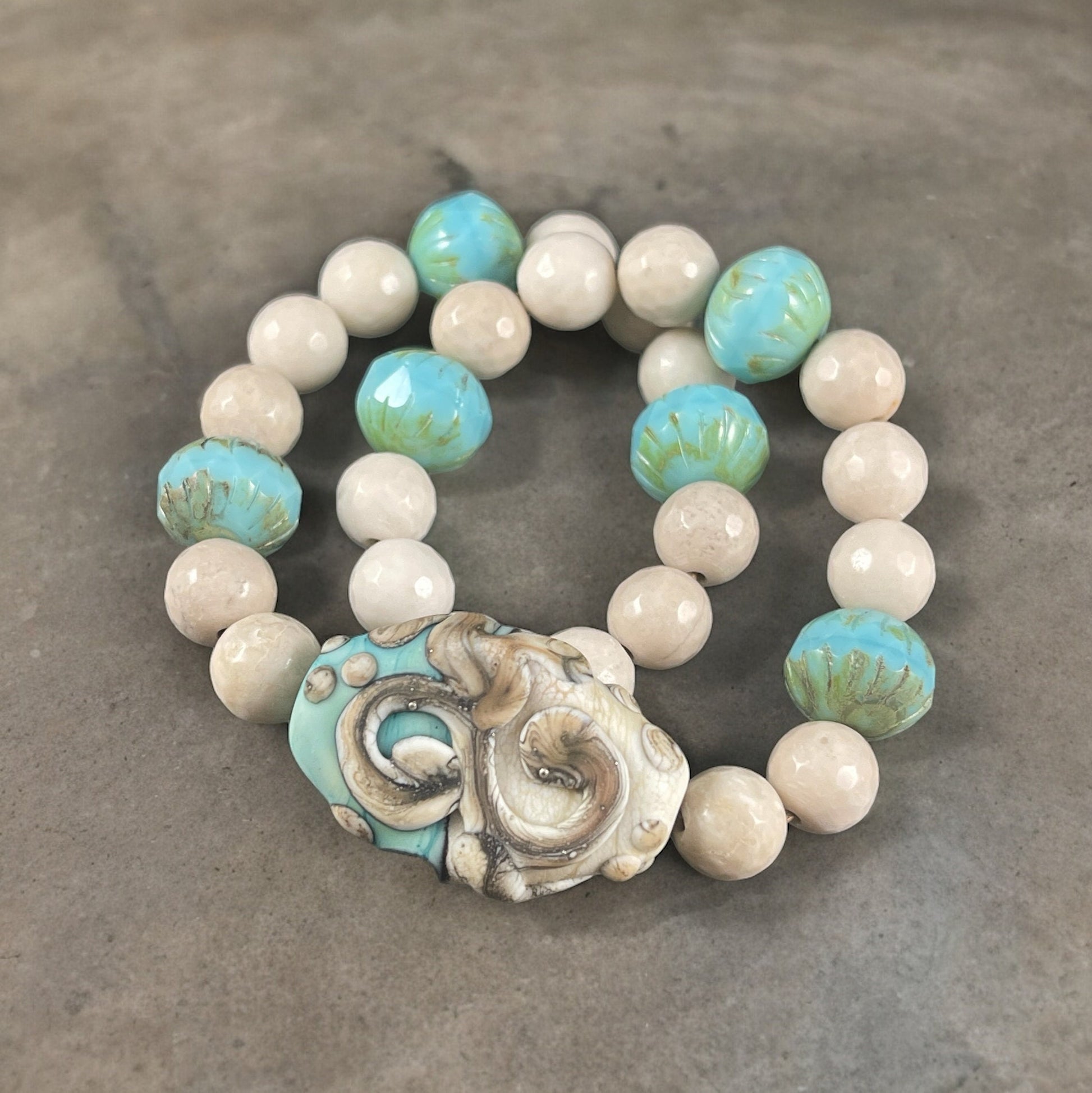 Turquoise and Beige Bead Ensemble with Artisan Lampwork Focal Bead, Riverstone and Czech Glass