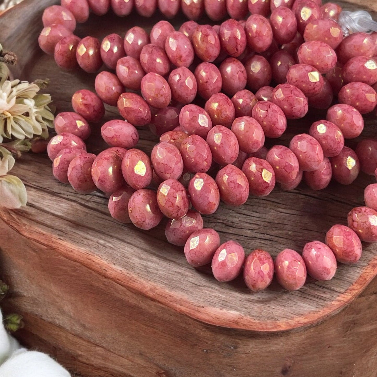 Salmon Pink Rondelles, Pink Czech Glass Beads with Golden Luster, 8x6mm Opaque Pink Faceted Rondelle (R8/N-0600) * Qty. 25