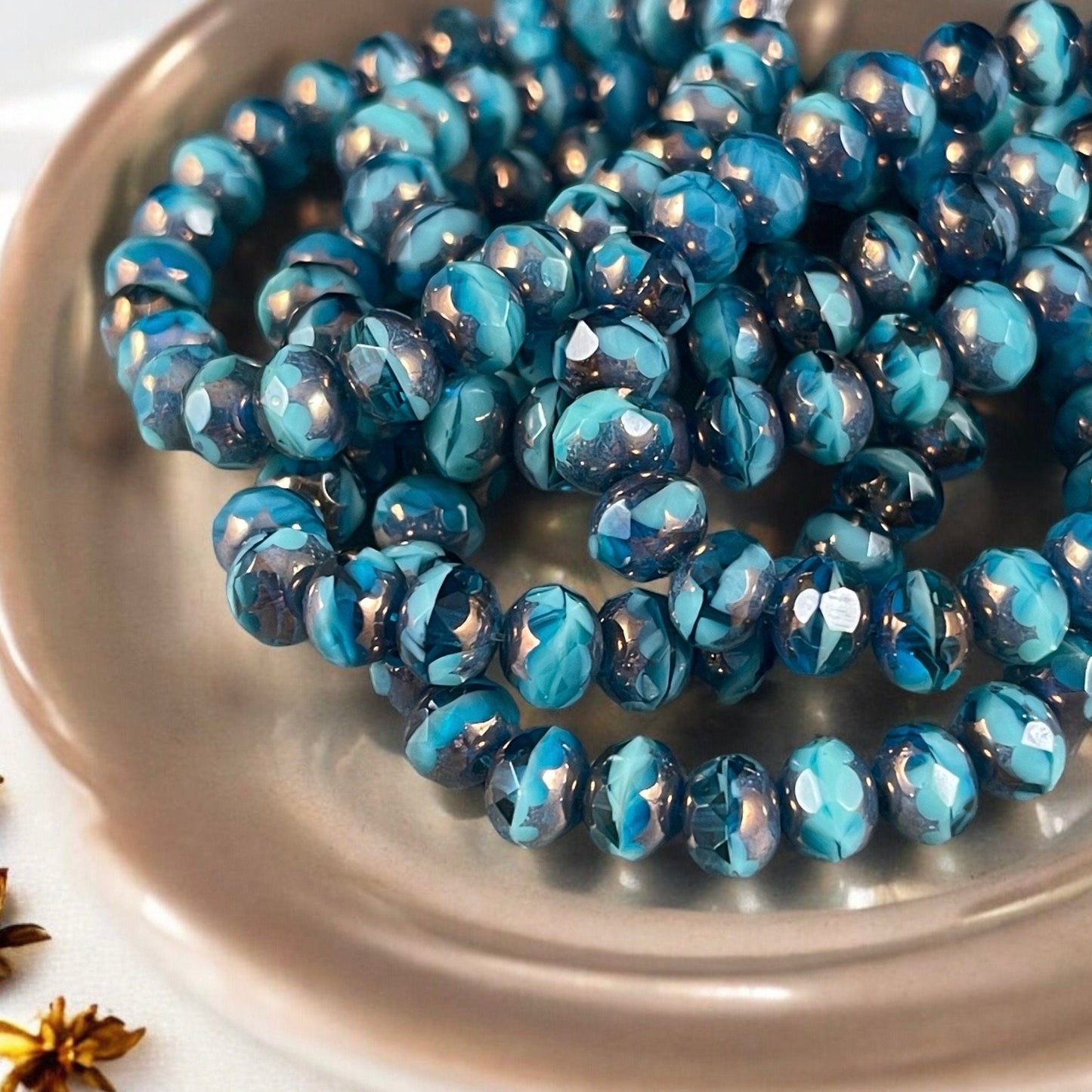 Czech Glass Beads - 7x5mm Rondelle, Two-tone Transparent Capri and Turquoise Blue with Bronze Picasso (R7/N-0290) * Qty. 25