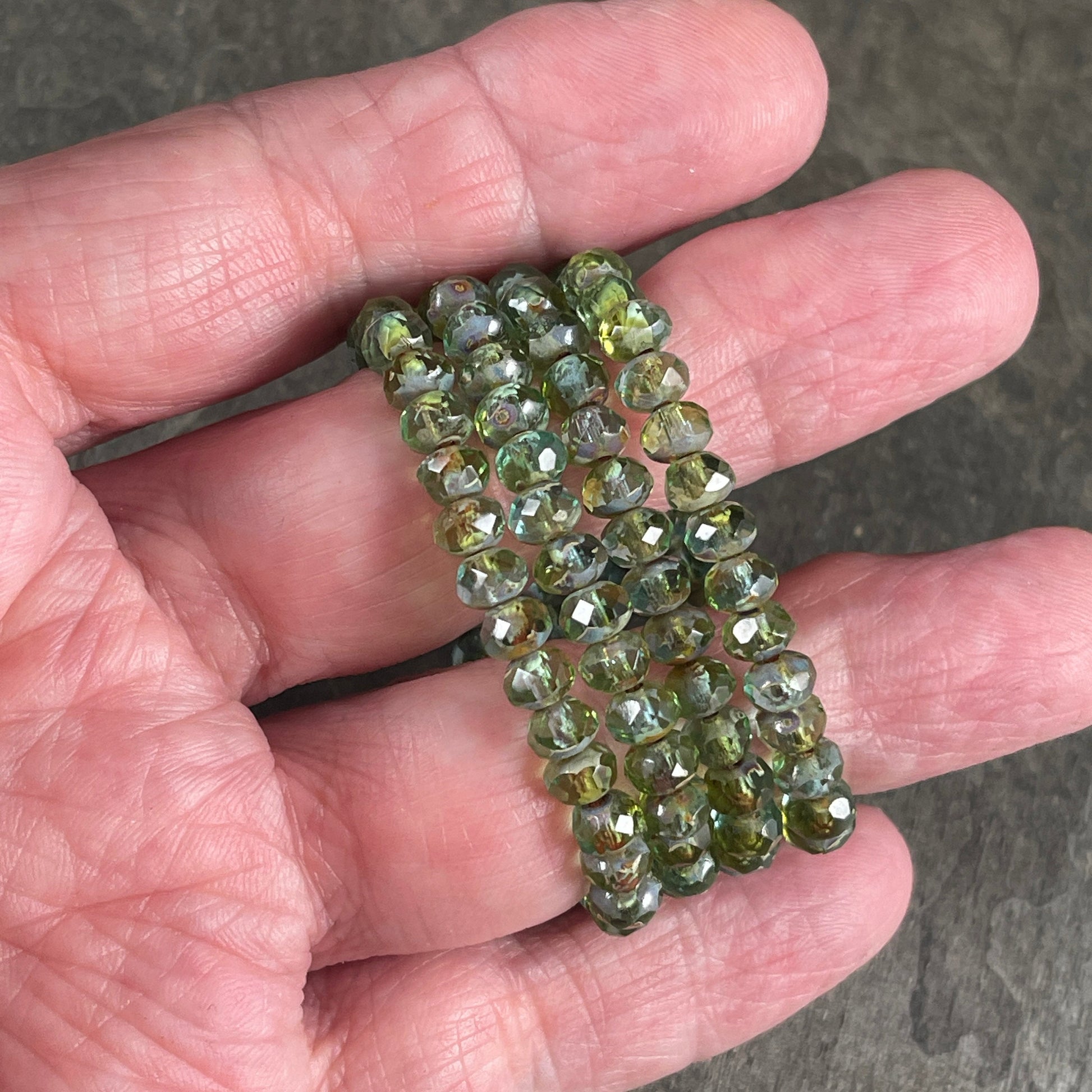 Olive Green and Sky Blue Rondelle, Faceted Czech Glass Beads, 5x3mm Rondelle, Transparent Green Picasso (R5/N-1384) * Qty. 30