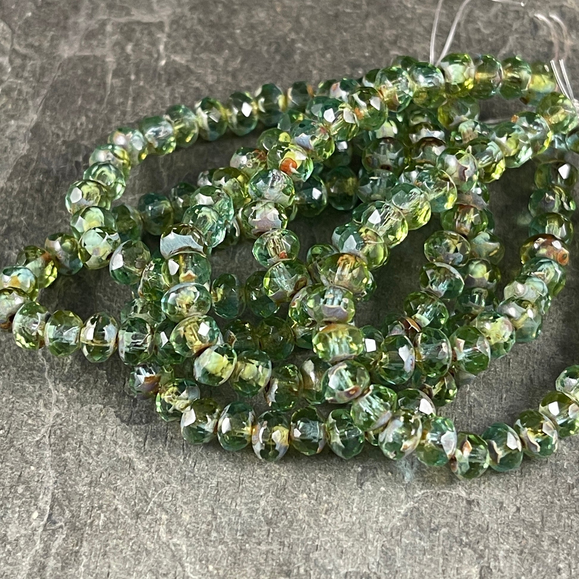 Olive Green and Sky Blue Rondelle, Faceted Czech Glass Beads, 5x3mm Rondelle, Transparent Green Picasso (R5/N-1384) * Qty. 30