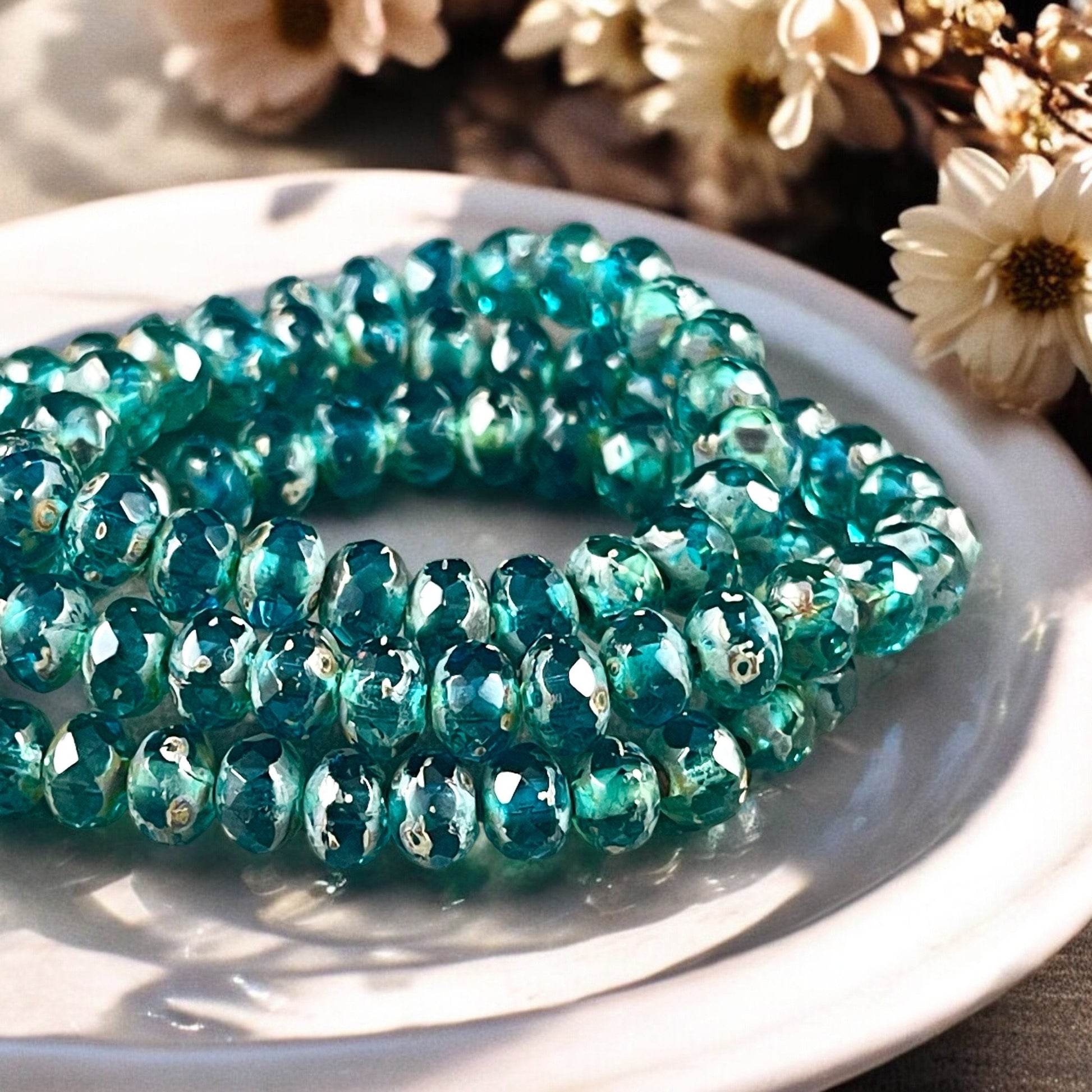 Czech Glass Beads - Pacific Blue 5x3mm Faceted Rondelle, Transparent Ocean Blue Picasso (R5/N-1357) * Qty. 30