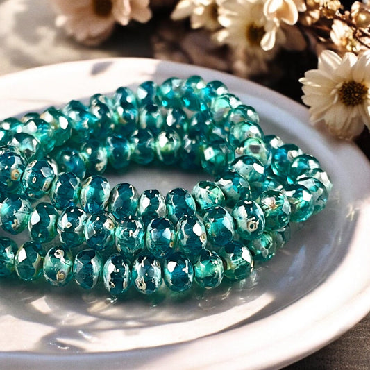 Czech Glass Beads - Pacific Blue 5x3mm Faceted Rondelle, Transparent Ocean Blue Picasso (R5/N-1357) * Qty. 30