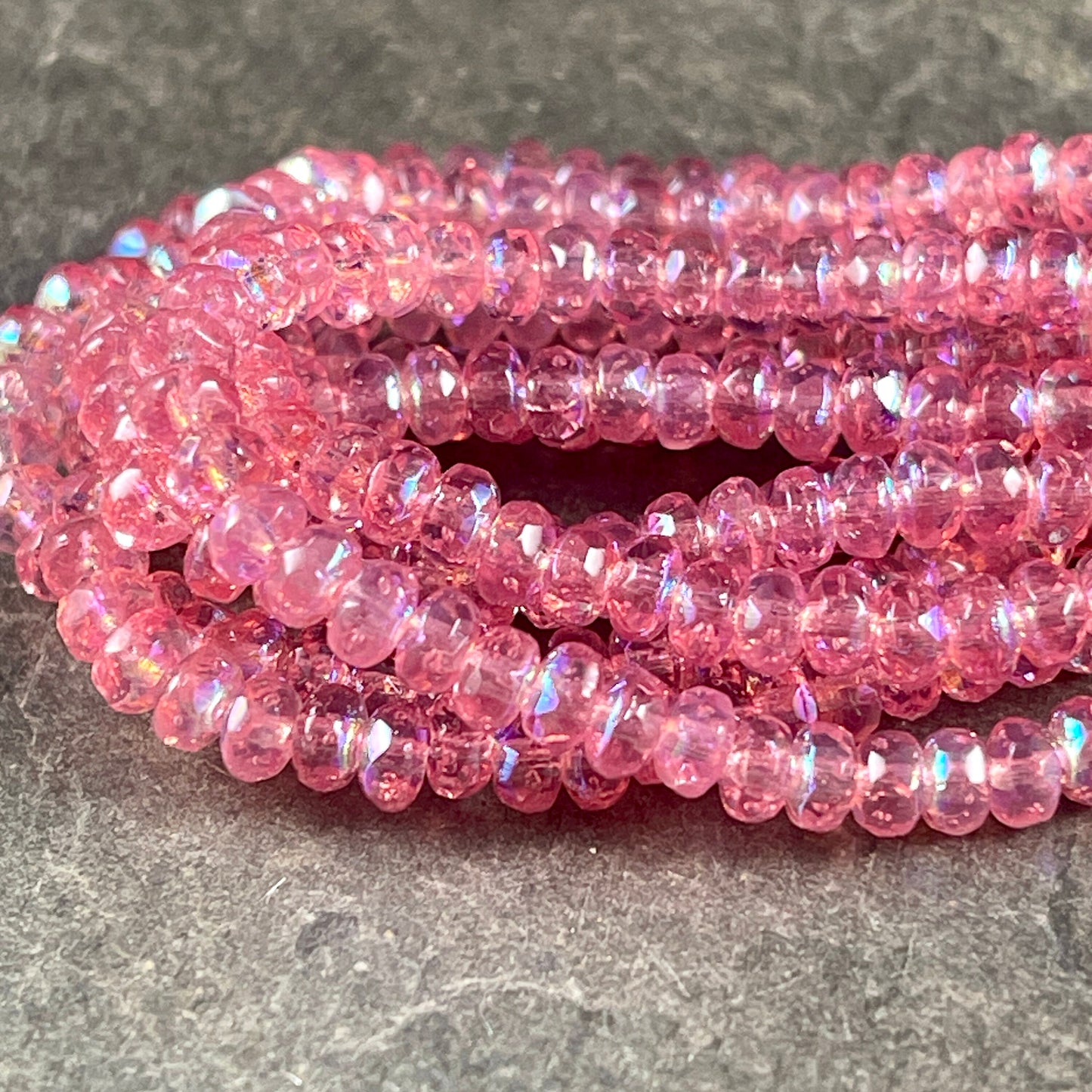 Faceted Pink Czech Glass Rondelles, Transparent Dark Pink with AB Finish, 4x2.5mm Pink Spacer Beads (RON3/N-0904) * Qty. 50