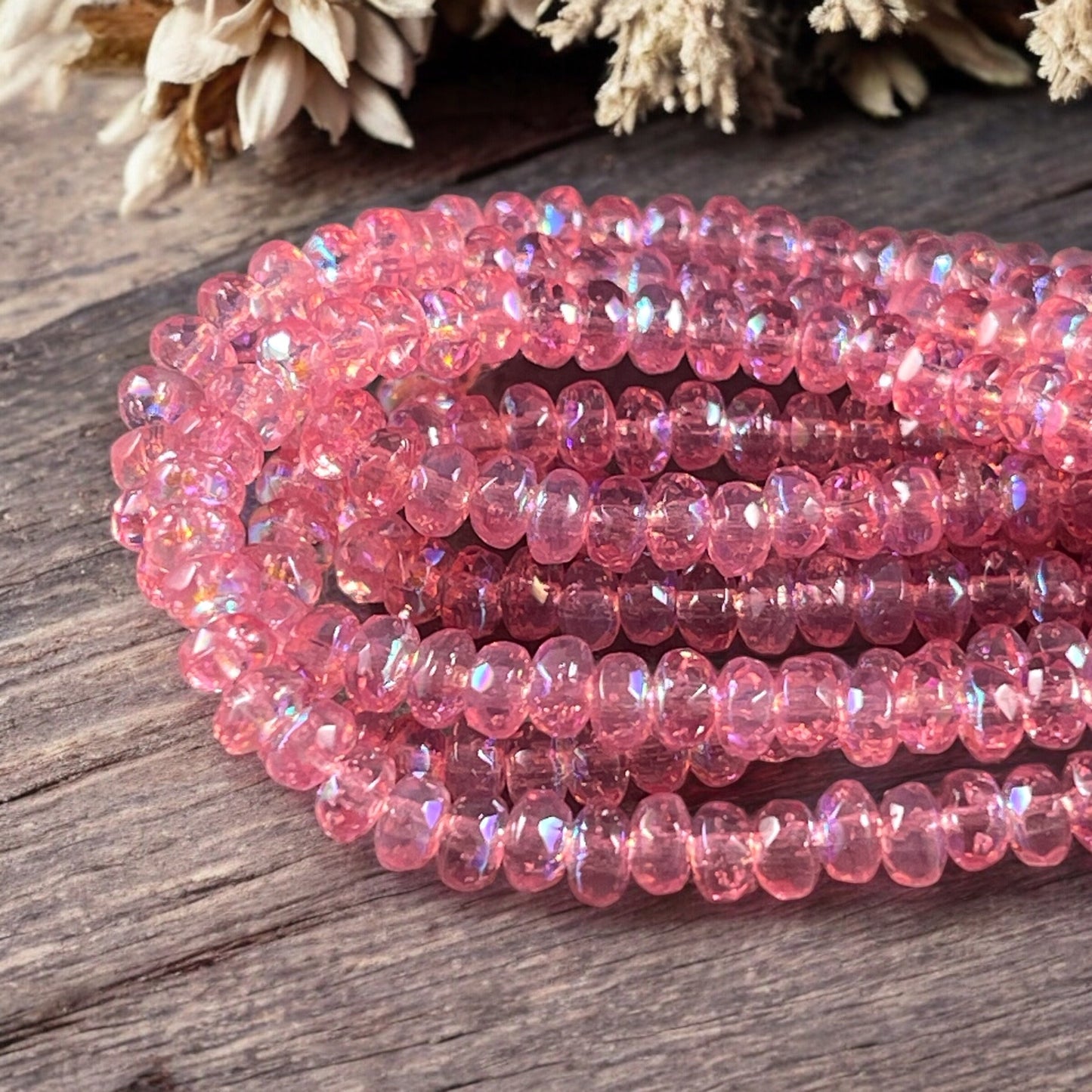 Faceted Pink Czech Glass Rondelles, Transparent Dark Pink with AB Finish, 4x2.5mm Pink Spacer Beads (RON3/N-0904) * Qty. 50