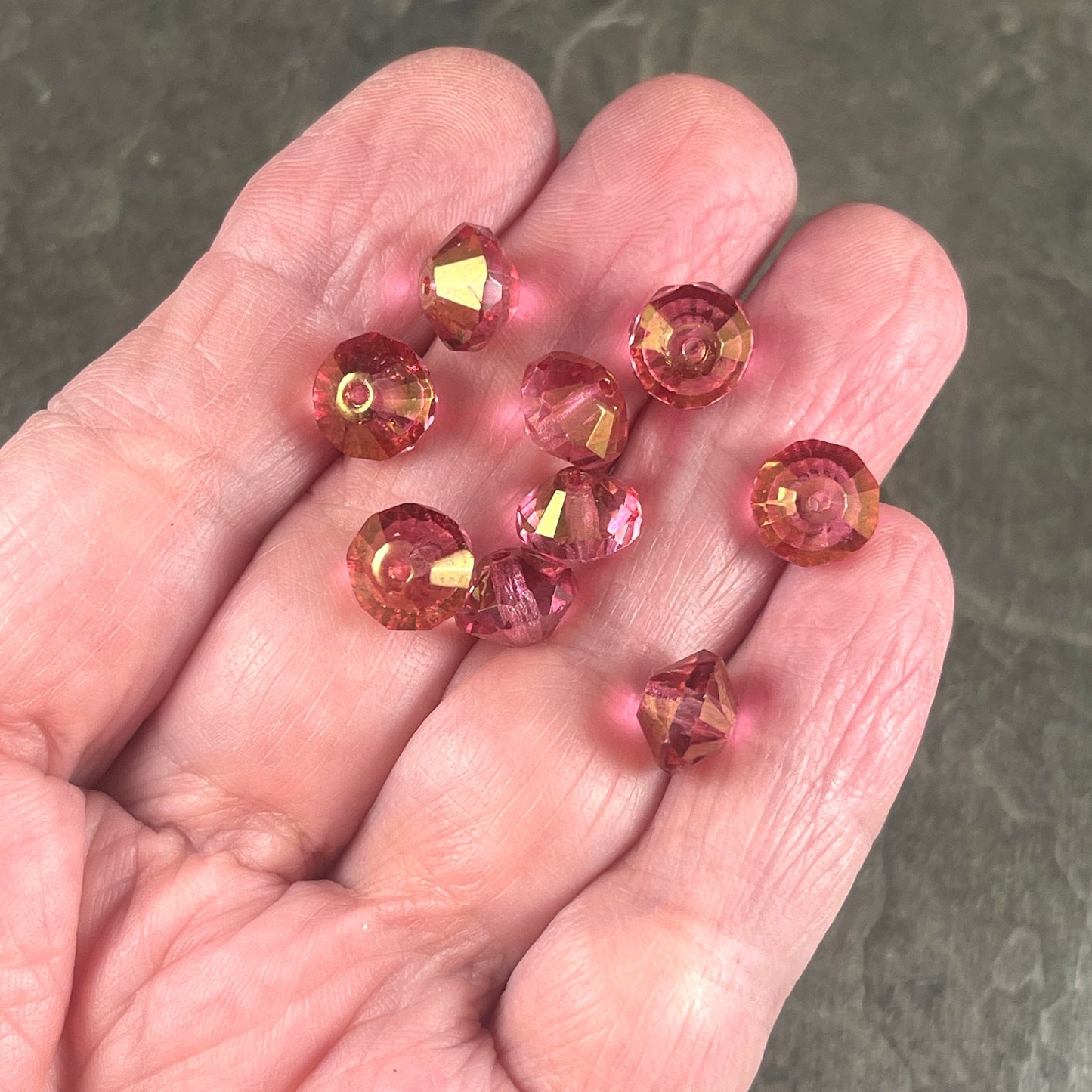 Transparent Glass with Golden Fuchsia Pink Picasso Finish, 6x9mm Faceted Saucer Czech Glass Beads (SAU/N-0402) * Qty. 15