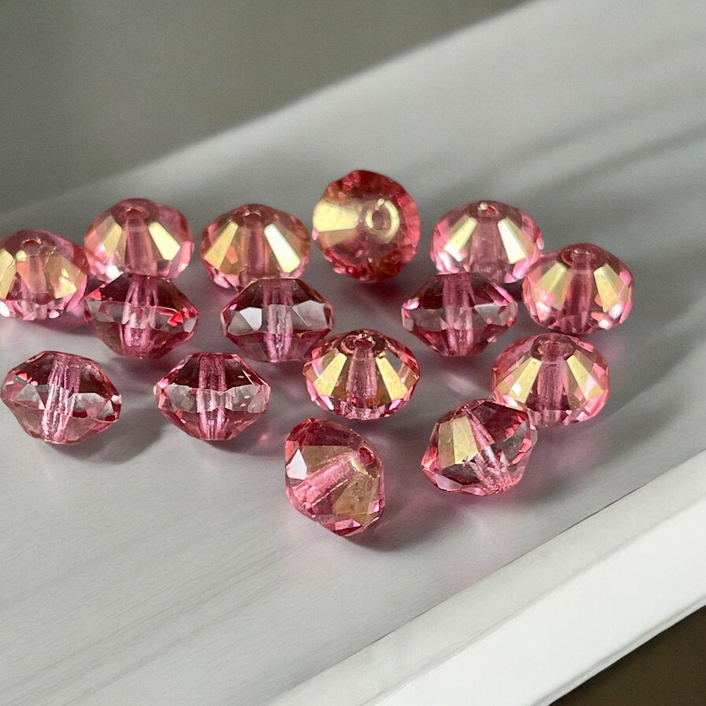 Transparent Glass with Golden Fuchsia Pink Picasso Finish, 6x9mm Faceted Saucer Czech Glass Beads (SAU/N-0402) * Qty. 15