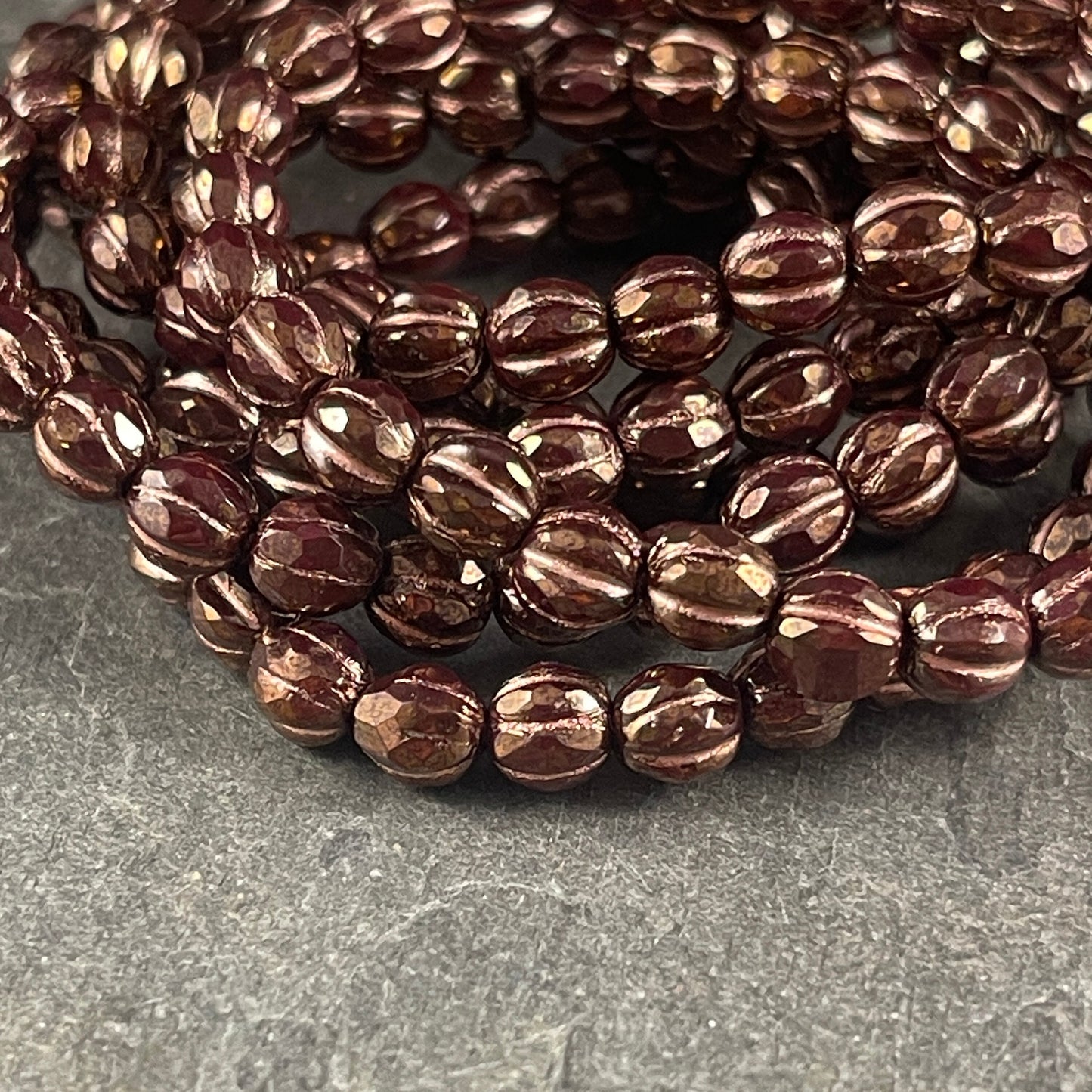 6mm Dark Brown Czech Glass, Faceted Melon Shape Beads, Brown with Bright Copper Wash (FM6/N-2012) * Qty. 25