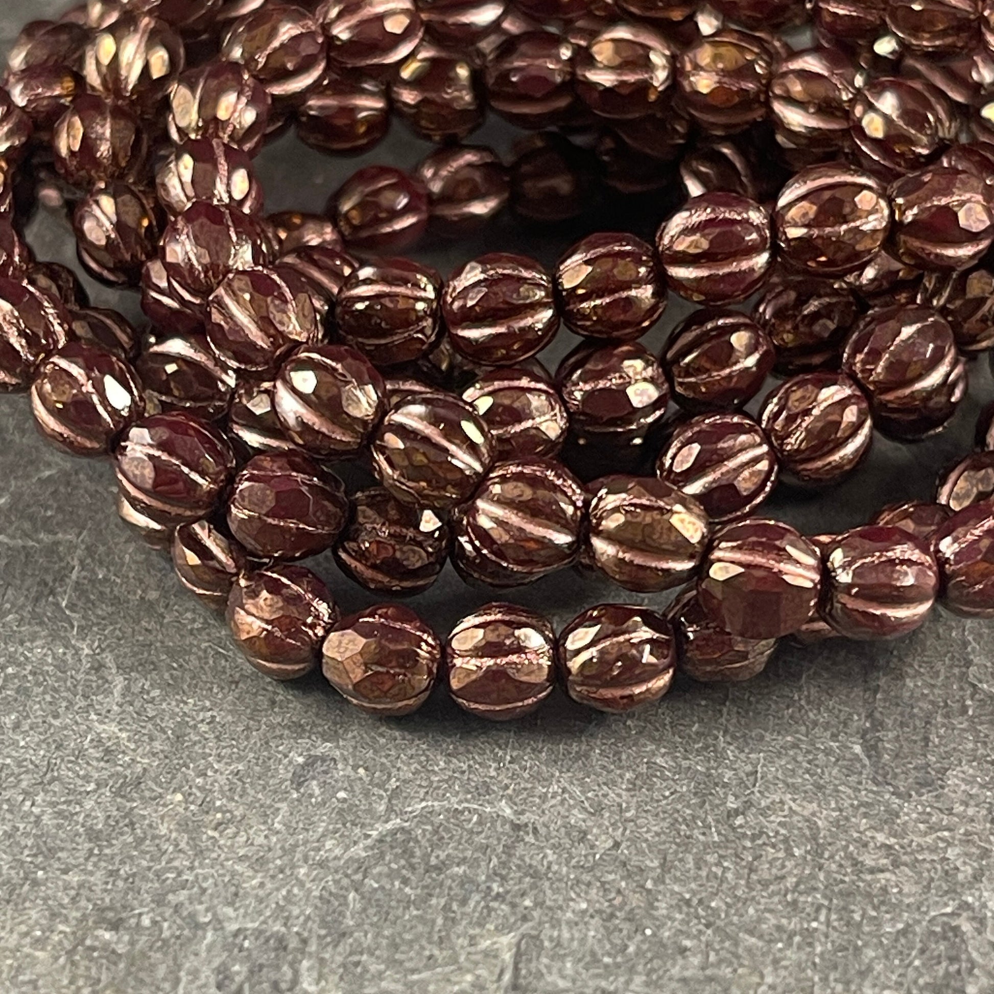 6mm Dark Brown Czech Glass, Faceted Melon Shape Beads, Brown with Bright Copper Wash (FM6/N-2012) * Qty. 25