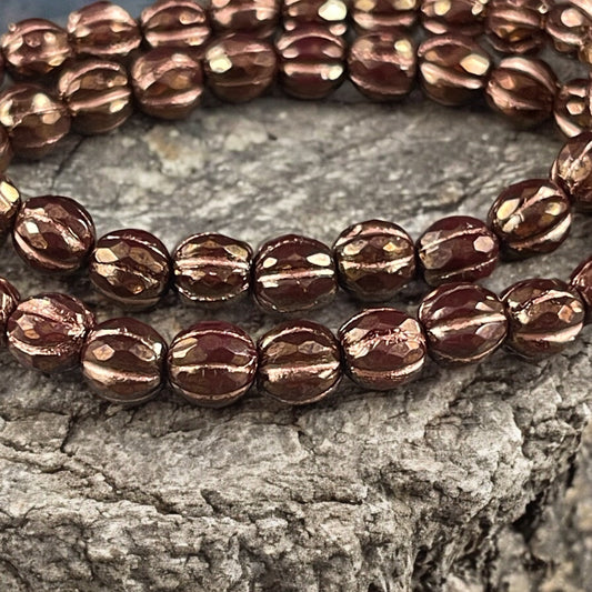 Czech Glass Beads - 5.5mm Dark Brown Faceted Melon Shape Beads, Brown with Bright Copper Wash (FM6/N-2012) * Qty. 25