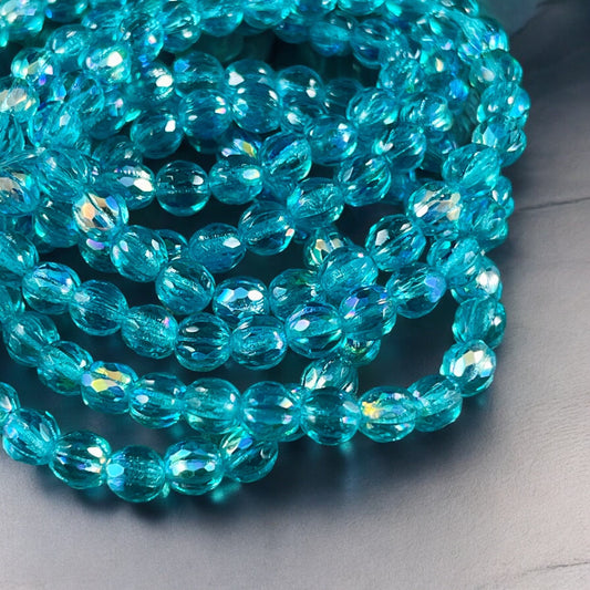 6mm Sky Blue Czech Glass Faceted Melon Shape Beads, Transparent Blue Glass with AB Finish (FM6/N-1973) * Qty. 25