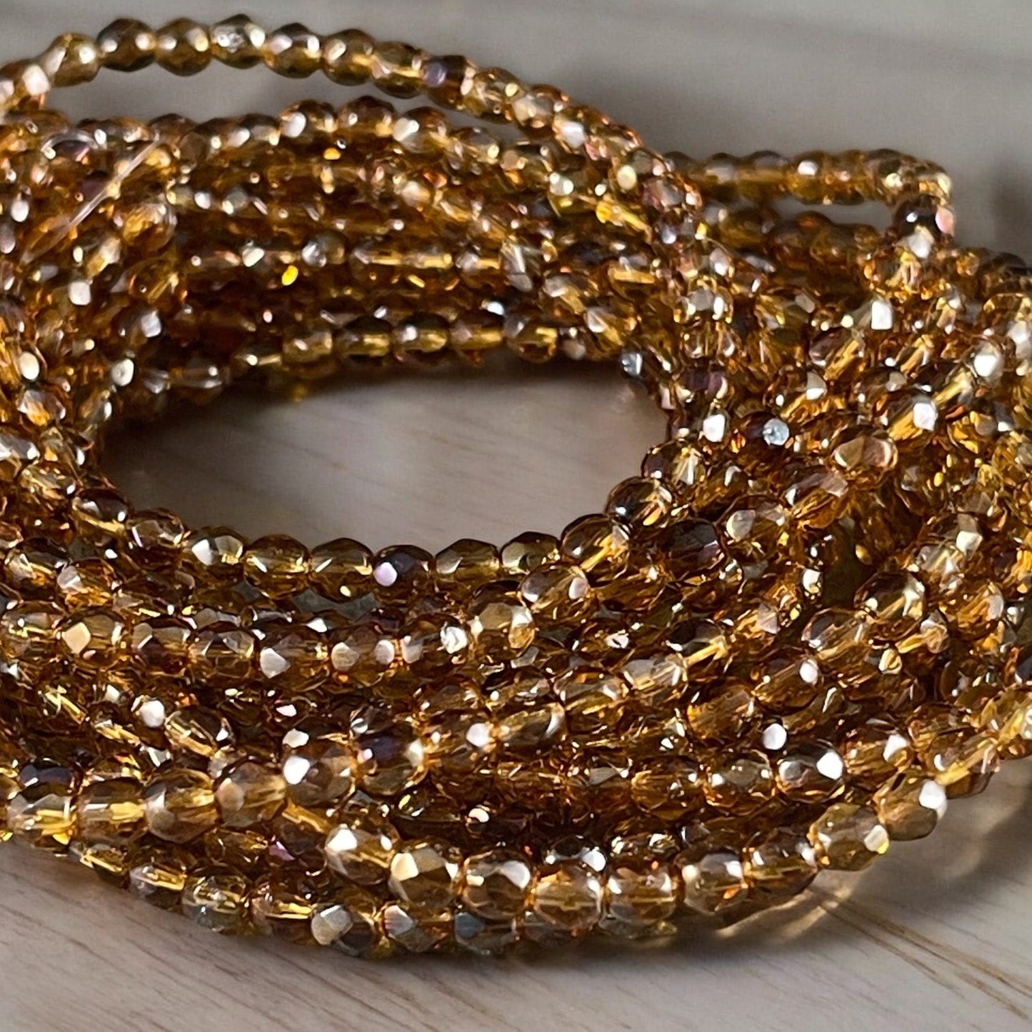 4mm Golden Luster Czech Glass Fire Polished, Faceted Round Beads ~ Honey Golden Topaz Luster (FP4/N-088) - Qty 50