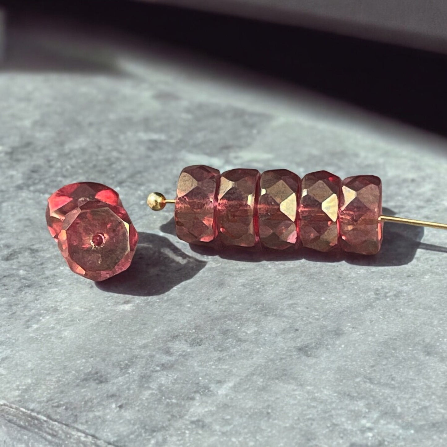 6mm Pink Faceted Heishi Rondelle, Czech Glass Beads, Dusty Rose with Gold Luster Finish (FHE/N-1968) * Qty. 15