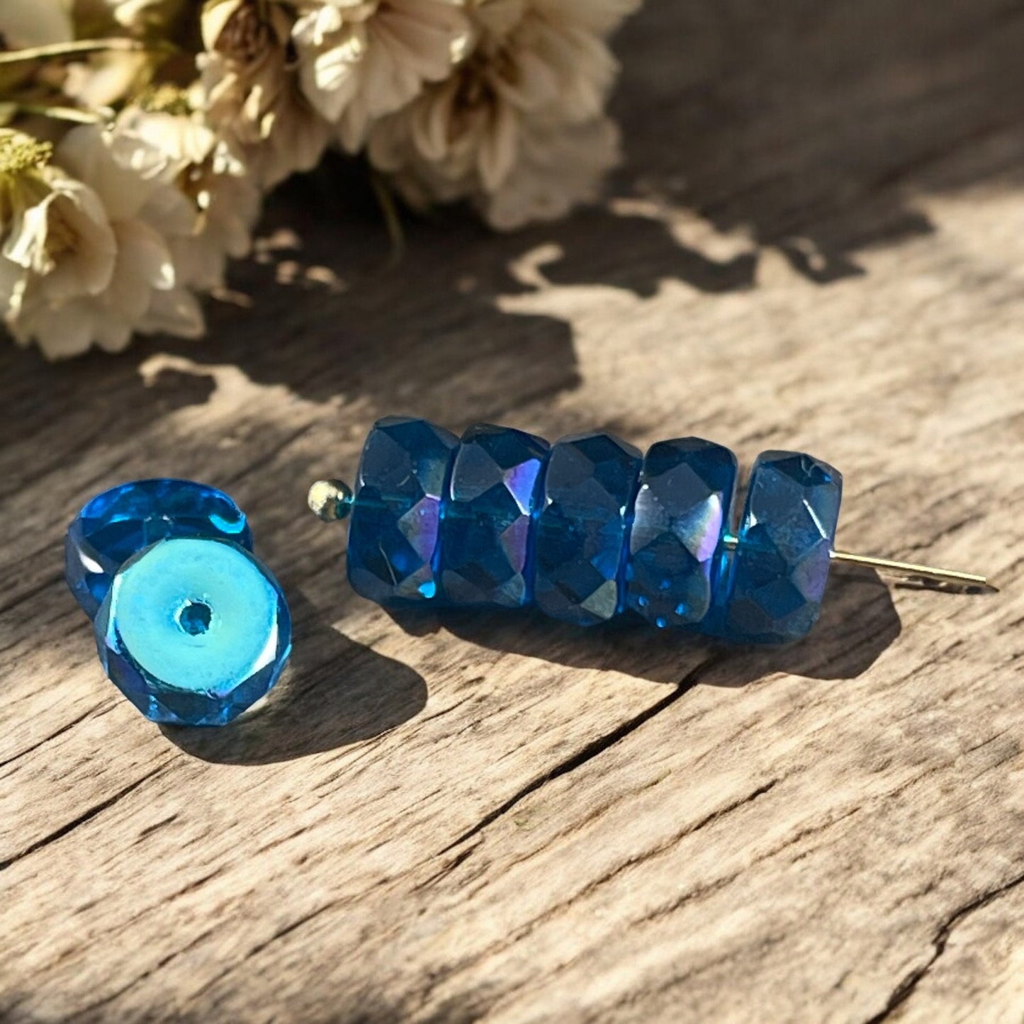 Czech Beads - 6mm Faceted Heishi Rondelle, Pacific Blue with AB Finish (FHE/N-1980) * 15 Beads