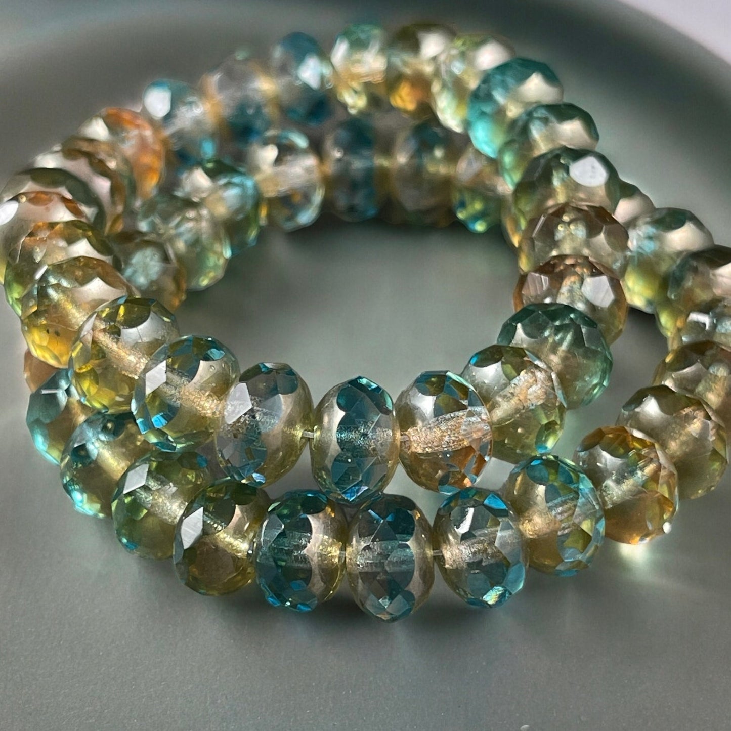 Aqua Olivine and White Picasso Rondelles Multi Colored Blue-Green Czech Beads 8x6mm Rondelle Czech Glass Beads (R8/RJ-2610) * Qty. 25