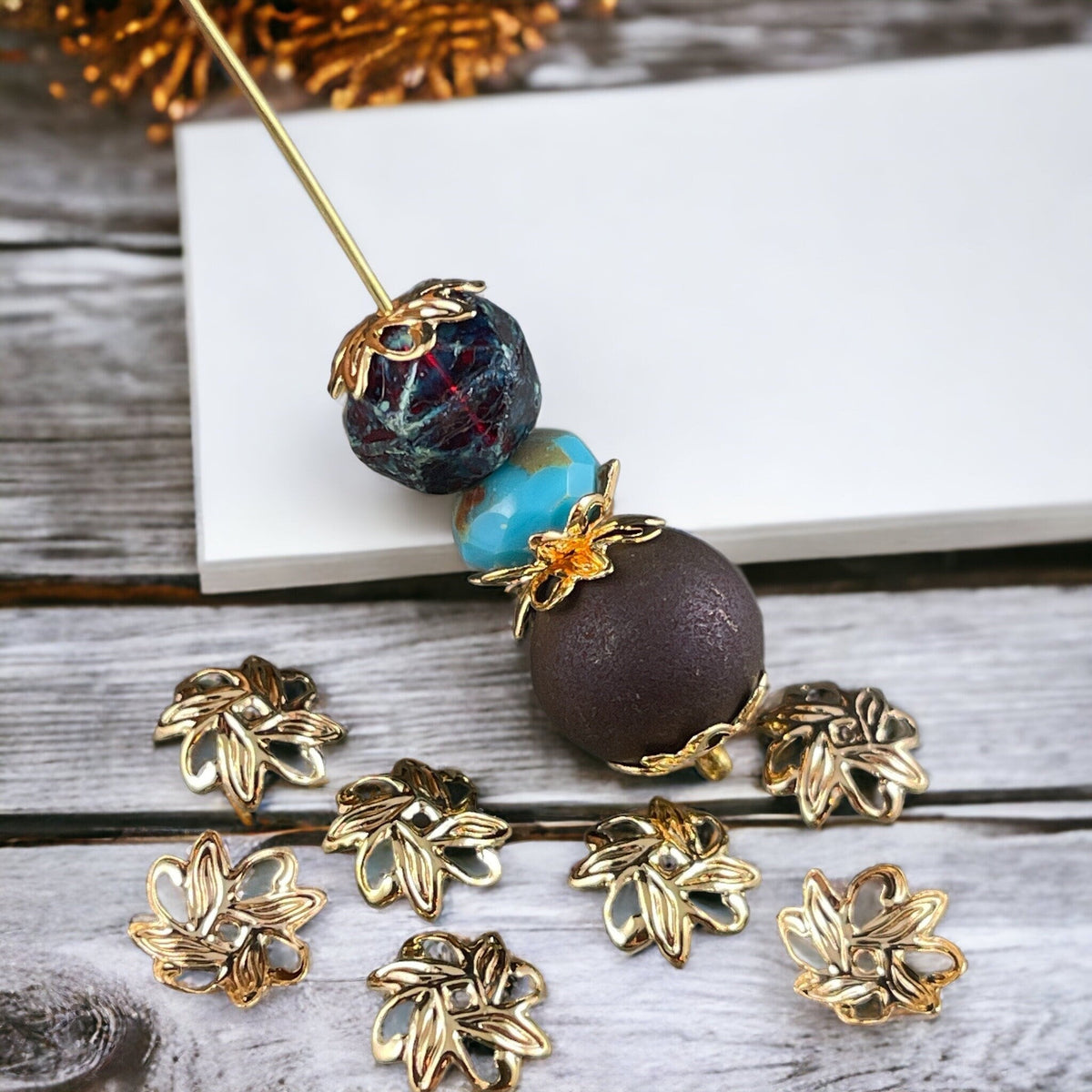 10mm Gold Leaf Design Bead Caps, Gold Plated Brass Bead Caps with a Floral Theme (BC-5578) * Qty. 50
