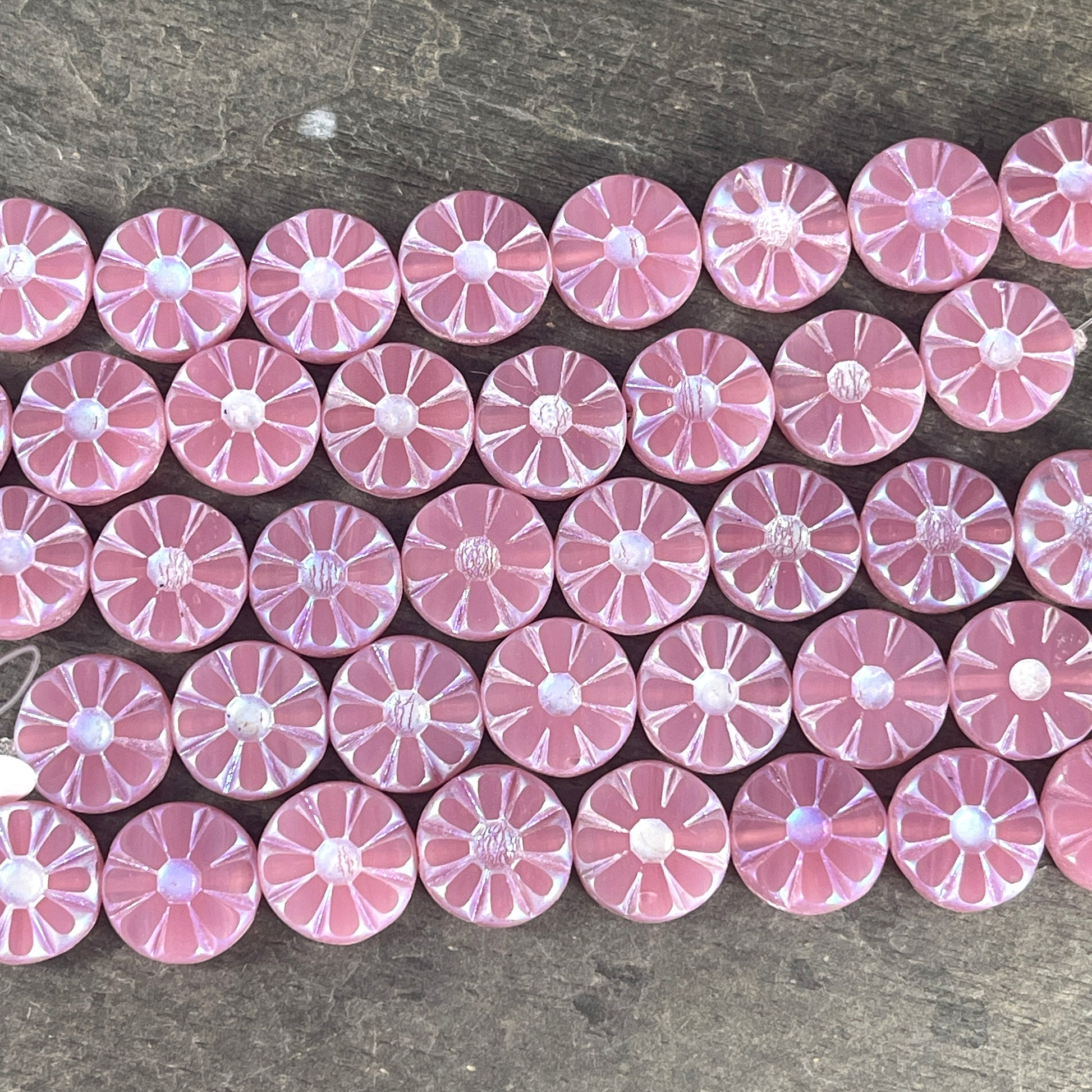 Cotton Candy Pink Opal Sunflower Coin Bead with White AB Finish, 12mm Opaque Light Pink Flower Czech Glass Beads (TCF-52) * Qty. 8