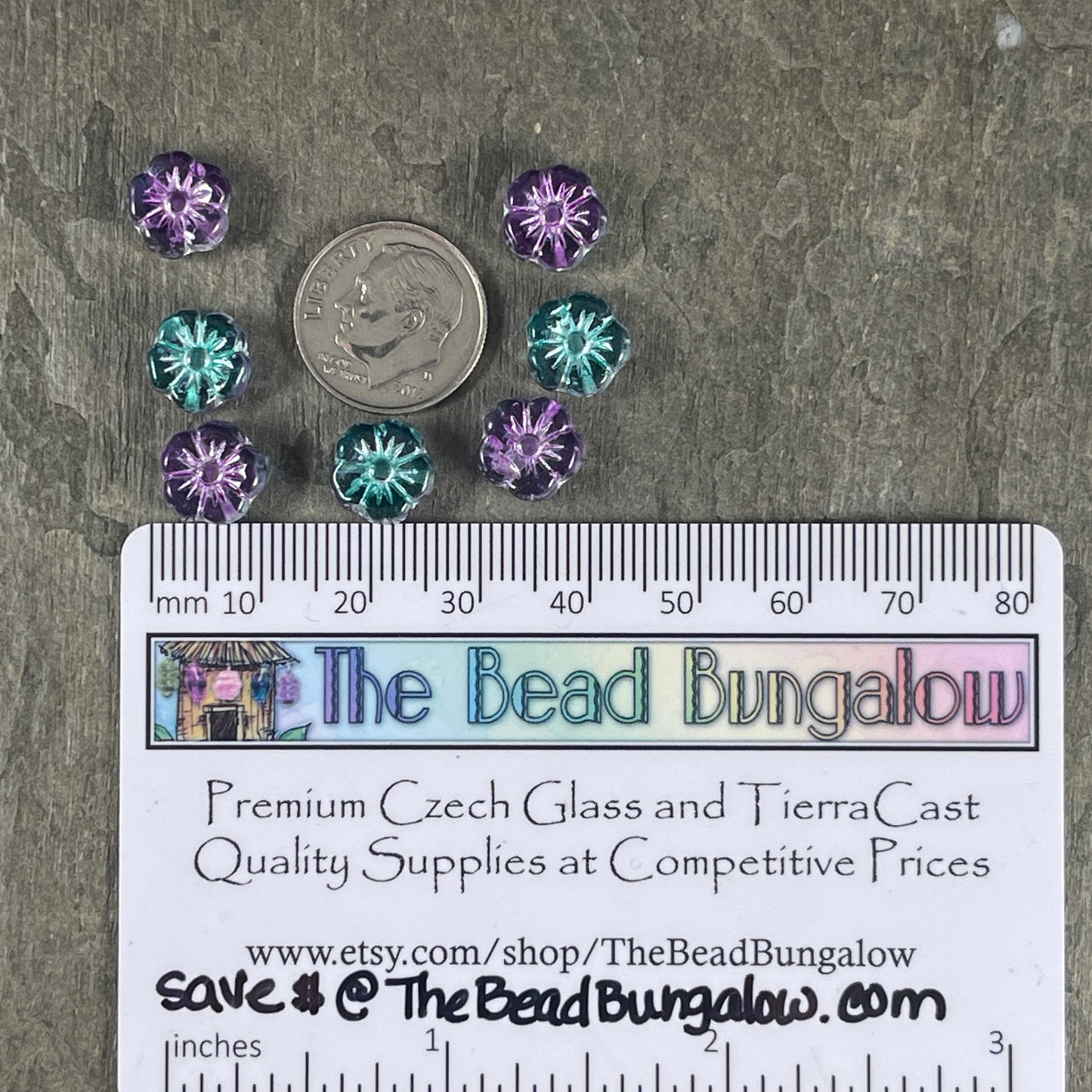 10mm Czech Glass Beads, Plum and Aqua Hibiscus, Purple and Blue/Green Glass Flower(PHib12) * Qty. 12