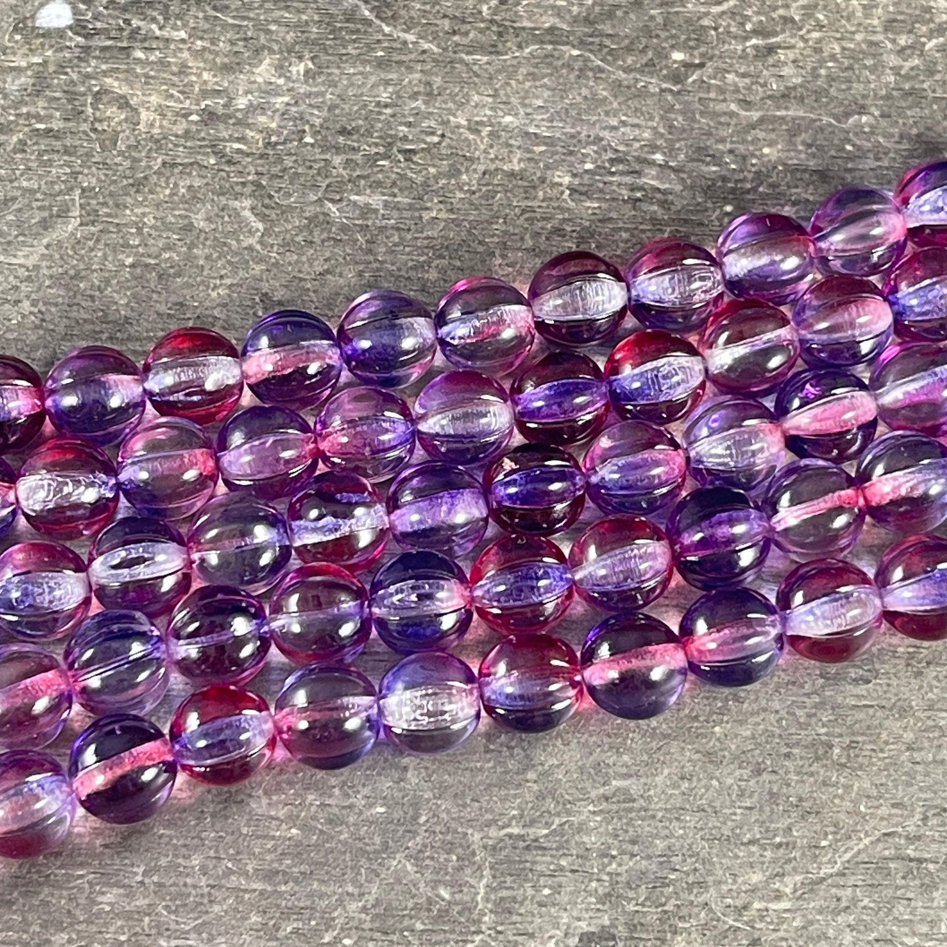 8mm Czech Glass Beads, Transparent Purple, Fuchsia and Clear Glass Beads, Melon Beads (ML8/33) * Qty. 15