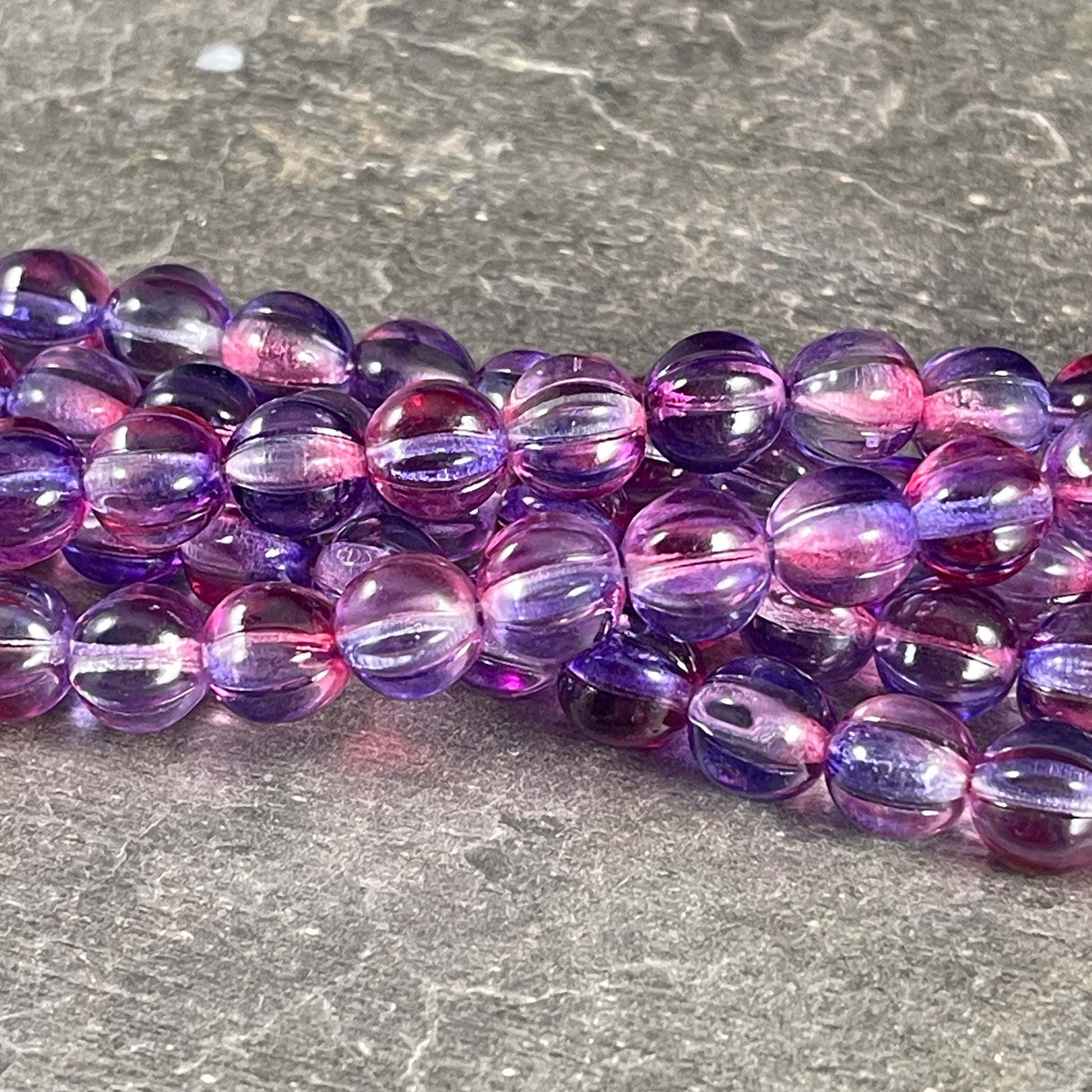 8mm Czech Glass Beads, Transparent Purple, Fuchsia and Clear Glass Beads, Melon Beads (ML8/33) * Qty. 15