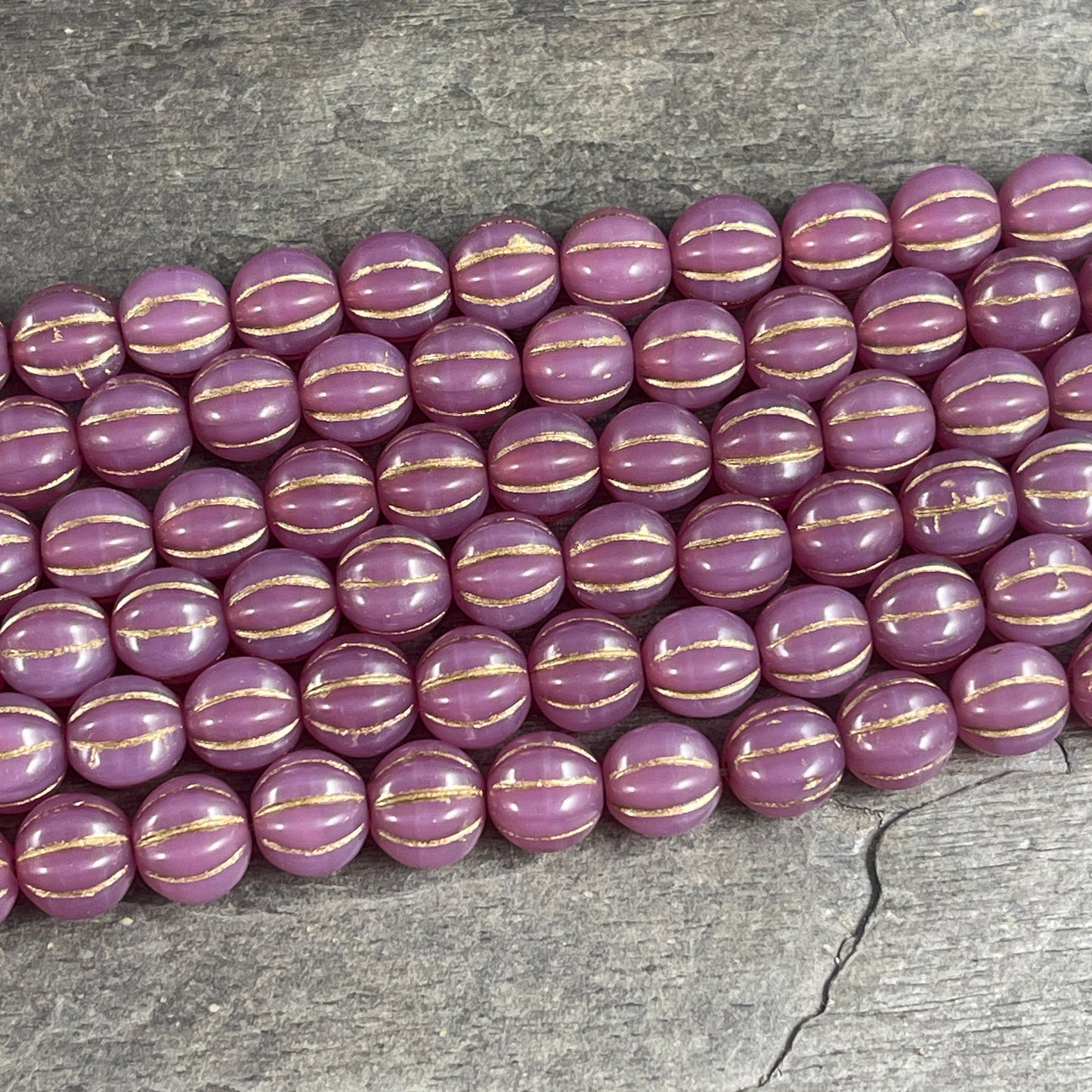 8mm Rose Opal Czech Glass Beads, Pink with Gold Wash Glass Melon Beads (ML8/73) * Qty. 15