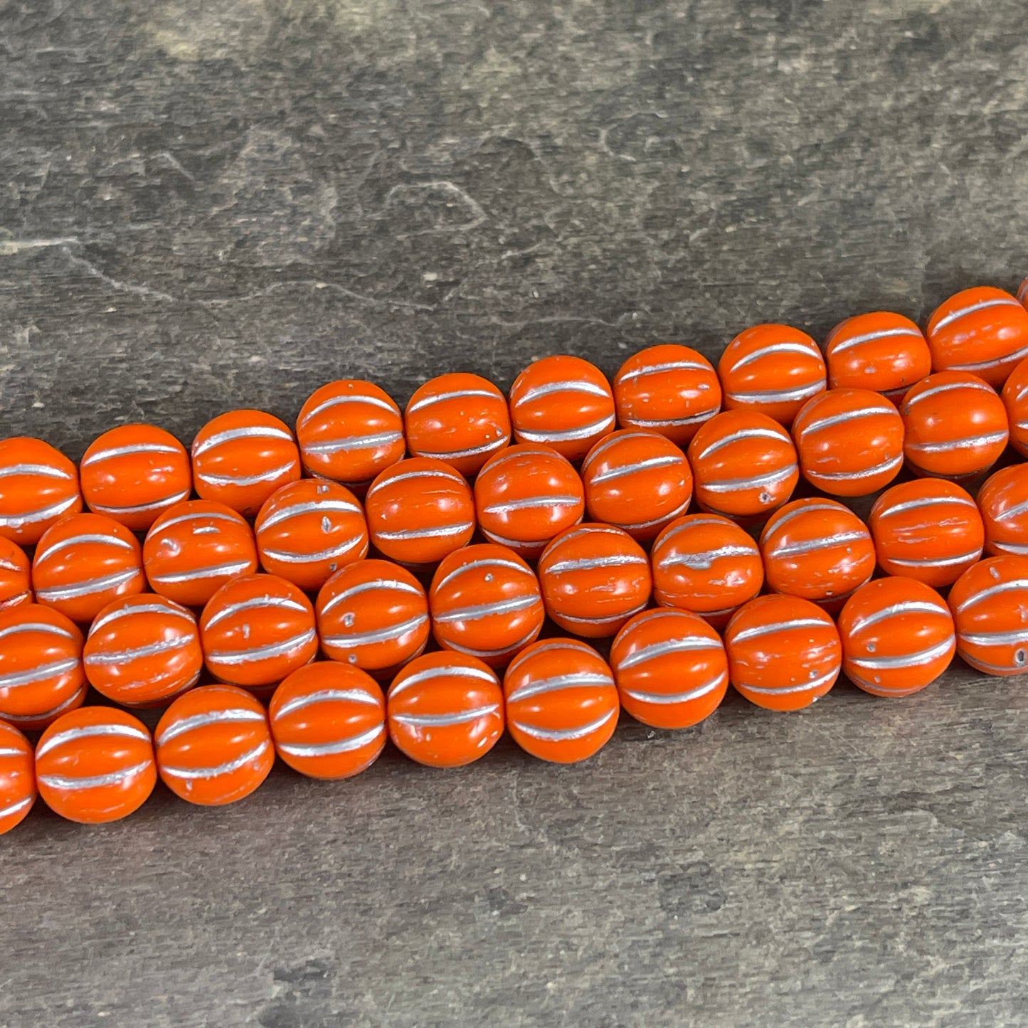 8mm Czech Glass Beads, Opaque Bright Orange with Silver Wash Glass Beads, Melon Beads (ML8/74) * Qty. 15