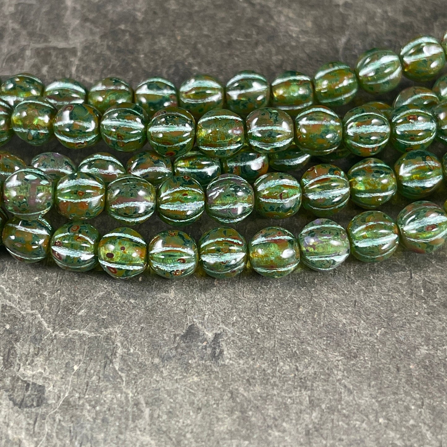 6mm Czech Glass Melon Bead, Aqua Green with Travertine Picasso and Green Wash (ML6/62) * Qty. 25