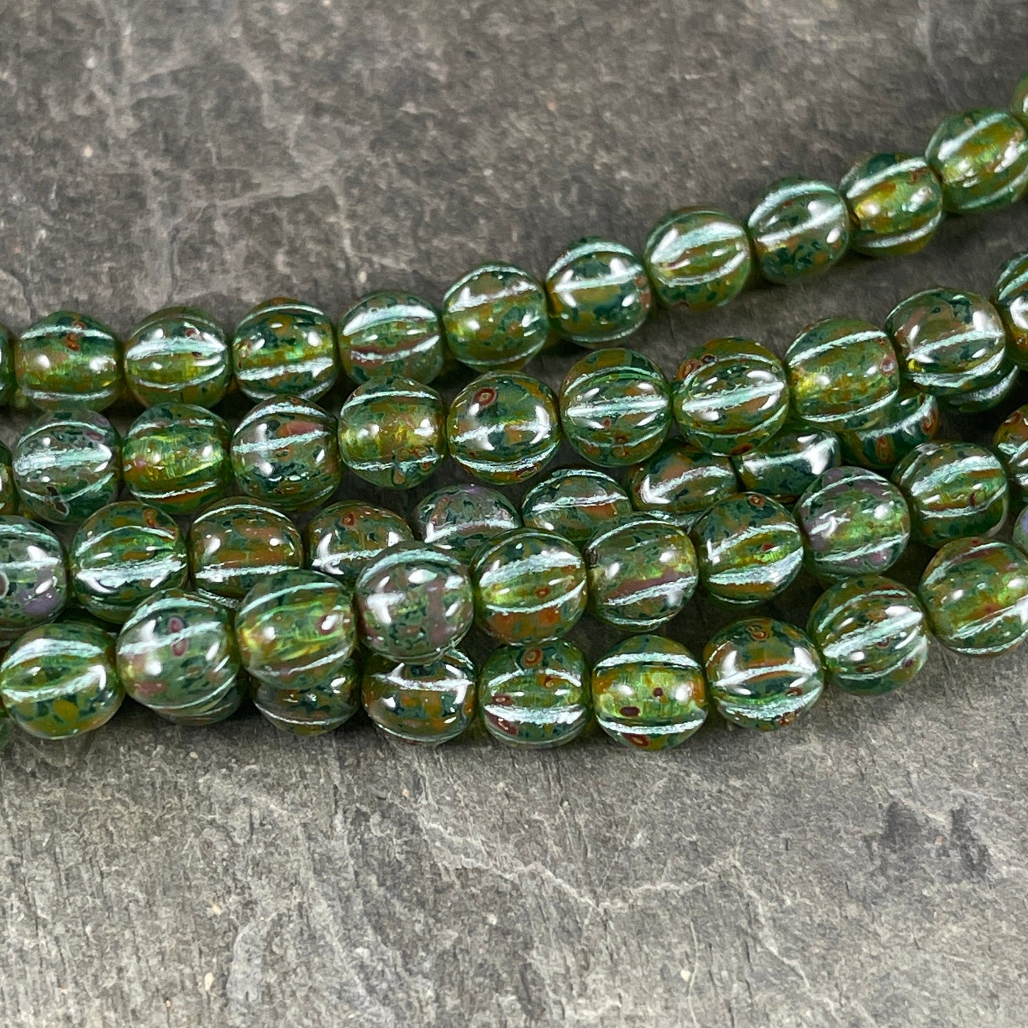 6mm Czech Glass Melon Bead, Aqua Green with Travertine Picasso and Green Wash (ML6/62) * Qty. 25