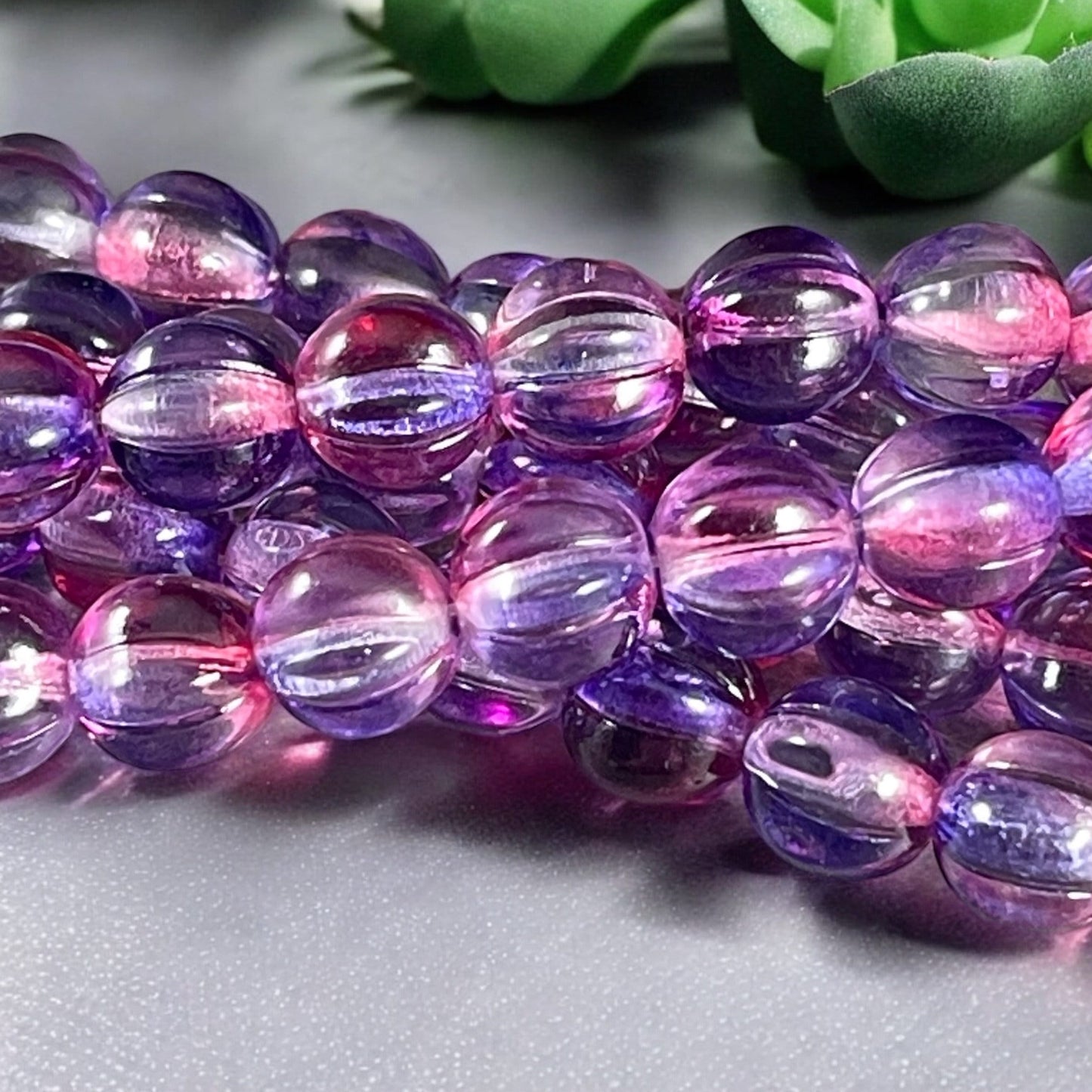 8mm Czech Glass Beads, Transparent Purple, Fuchsia and Clear Glass Beads, Melon Beads (ML8/33) * Qty. 15