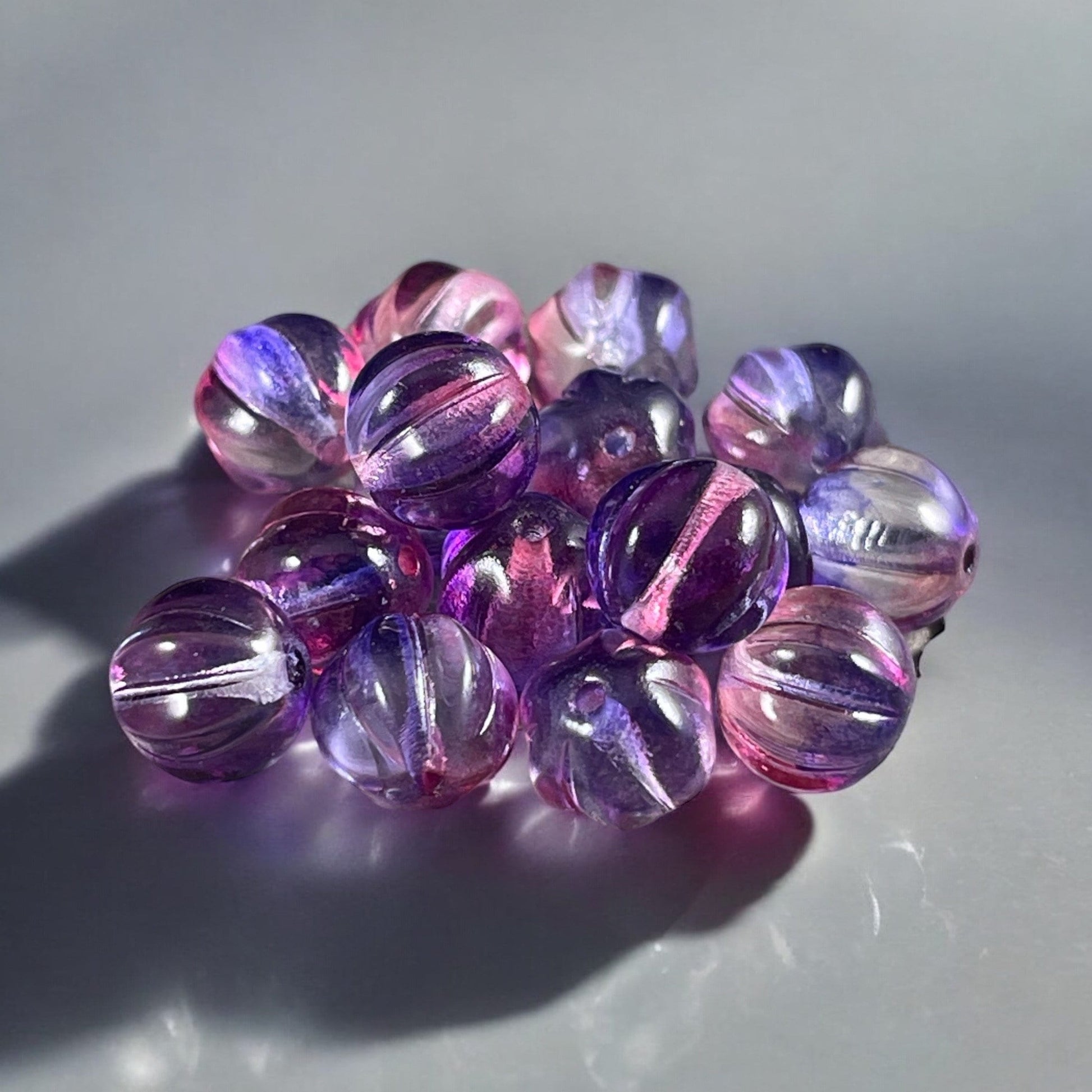 8mm Czech Glass Beads, Transparent Purple, Fuchsia and Clear Glass Beads, Melon Beads (ML8/33) * Qty. 15