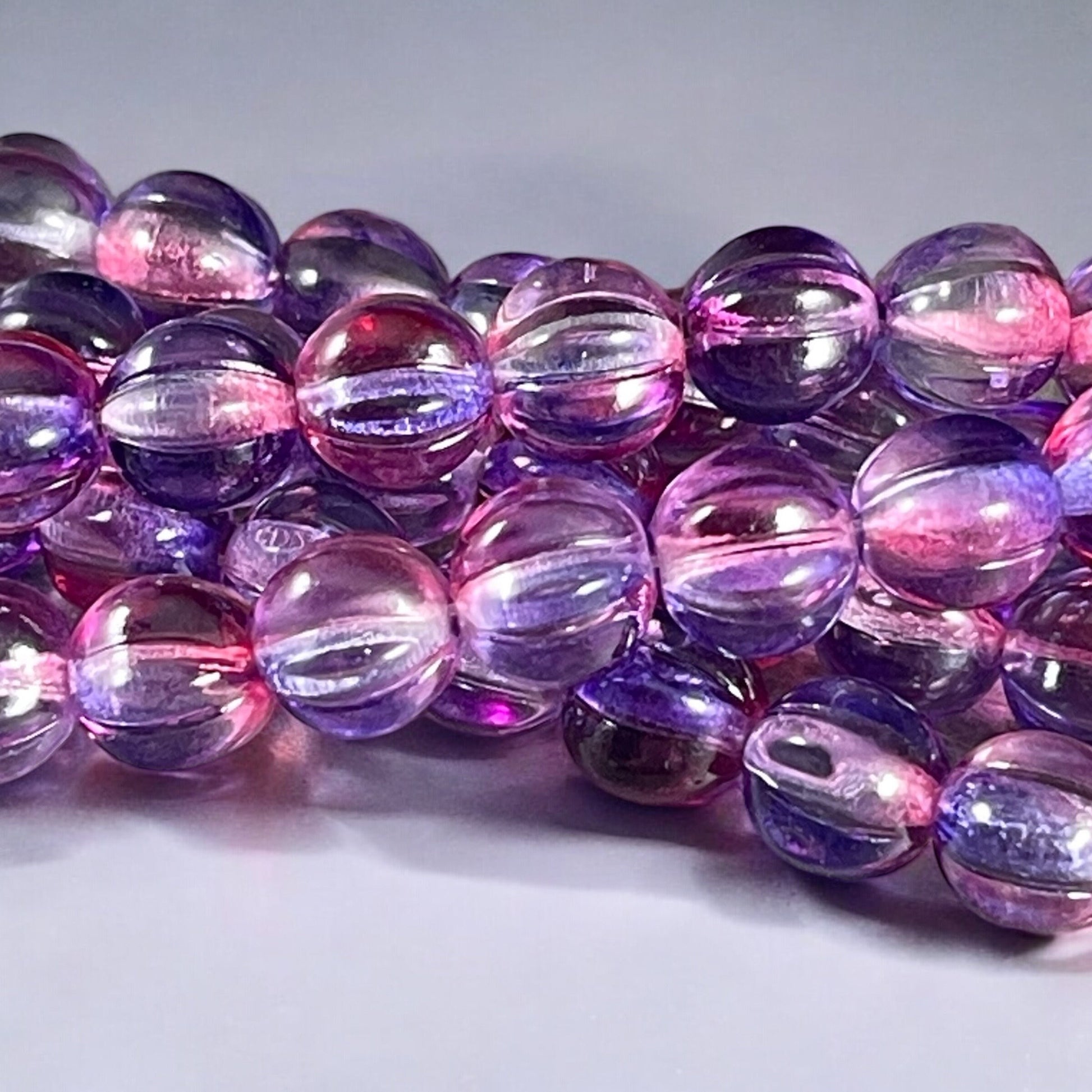 8mm Czech Glass Beads, Transparent Purple, Fuchsia and Clear Glass Beads, Melon Beads (ML8/33) * Qty. 15